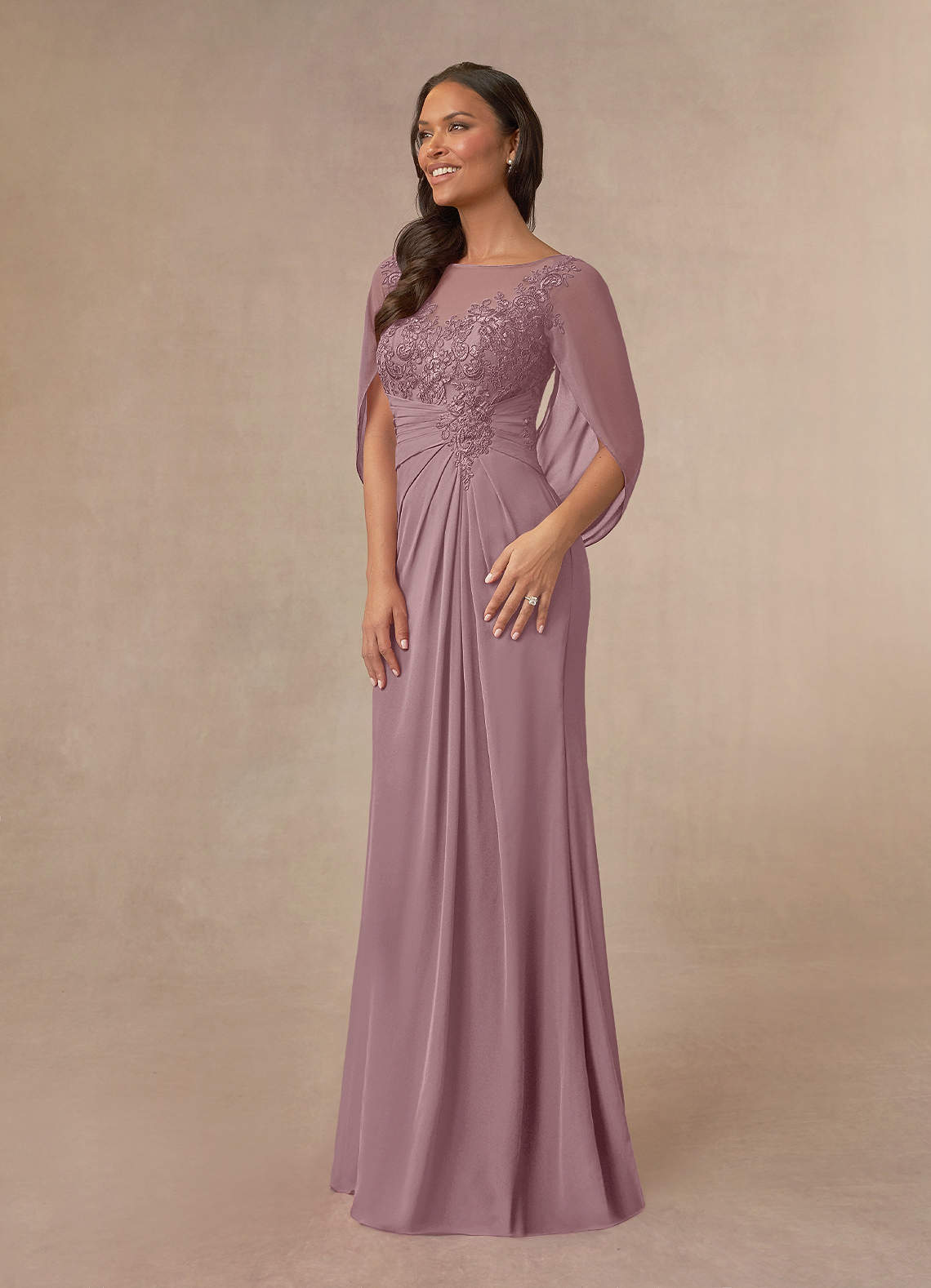 Azazie Hera Mother of the Bride Dresses Dusty Rose A-Line Lace Capelet Chiffon Dress image1