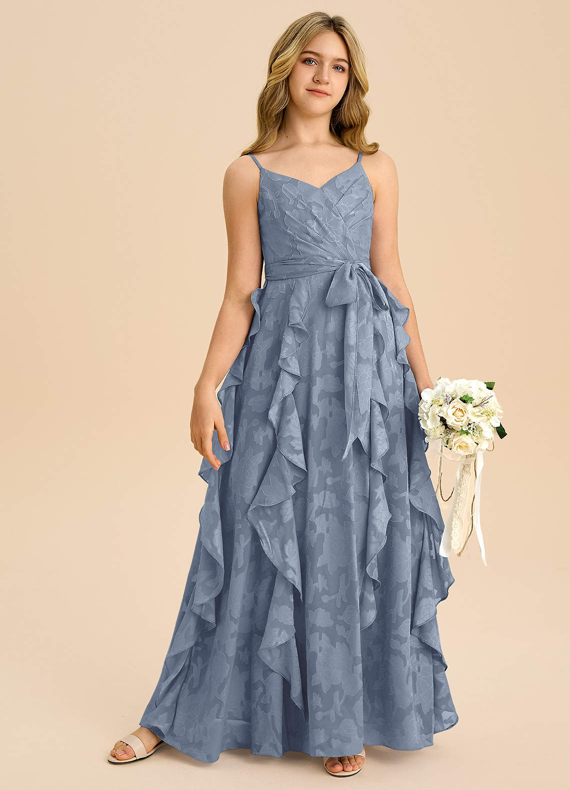 Azazie Peyton Junior Dusty Blue A-Line Pleated Floral Burnout Dress image5