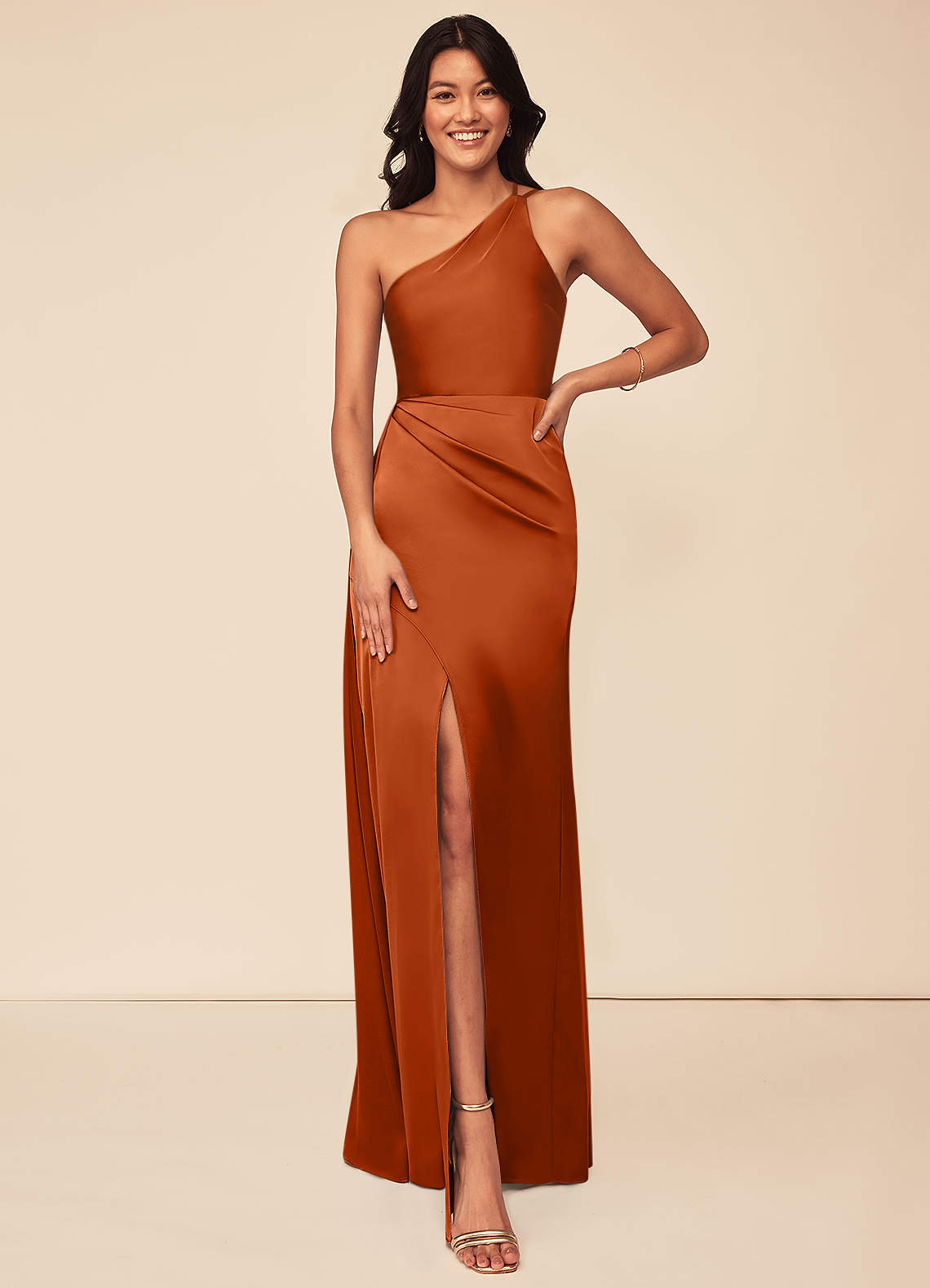 Azazie Maron Bridesmaid Dresses Burnt Orange A-Line One Shoulder Stretch Satin Dress image1