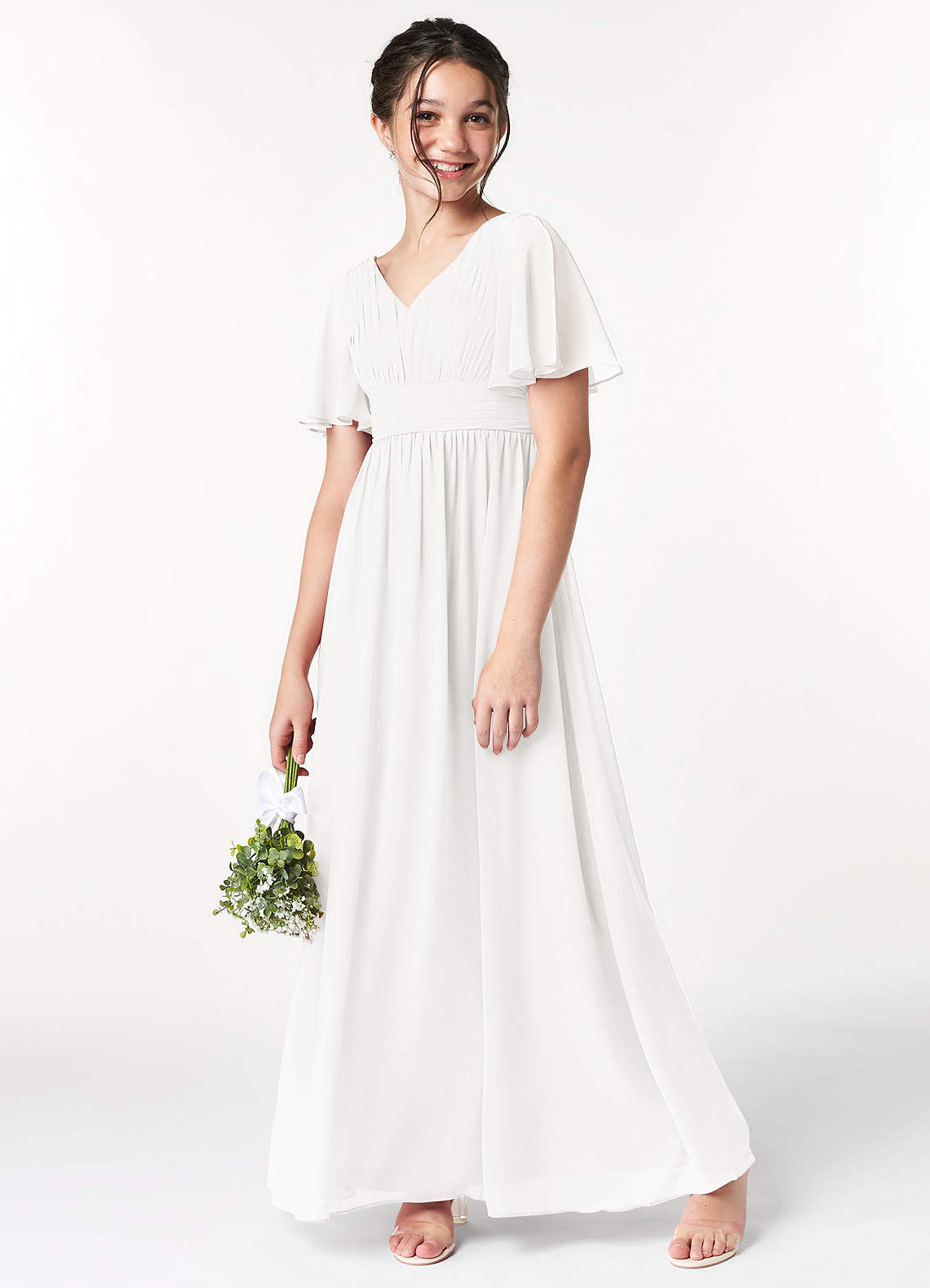 Azazie Temeka Junior Ivory A-Line Pleated Chiffon Dress image1