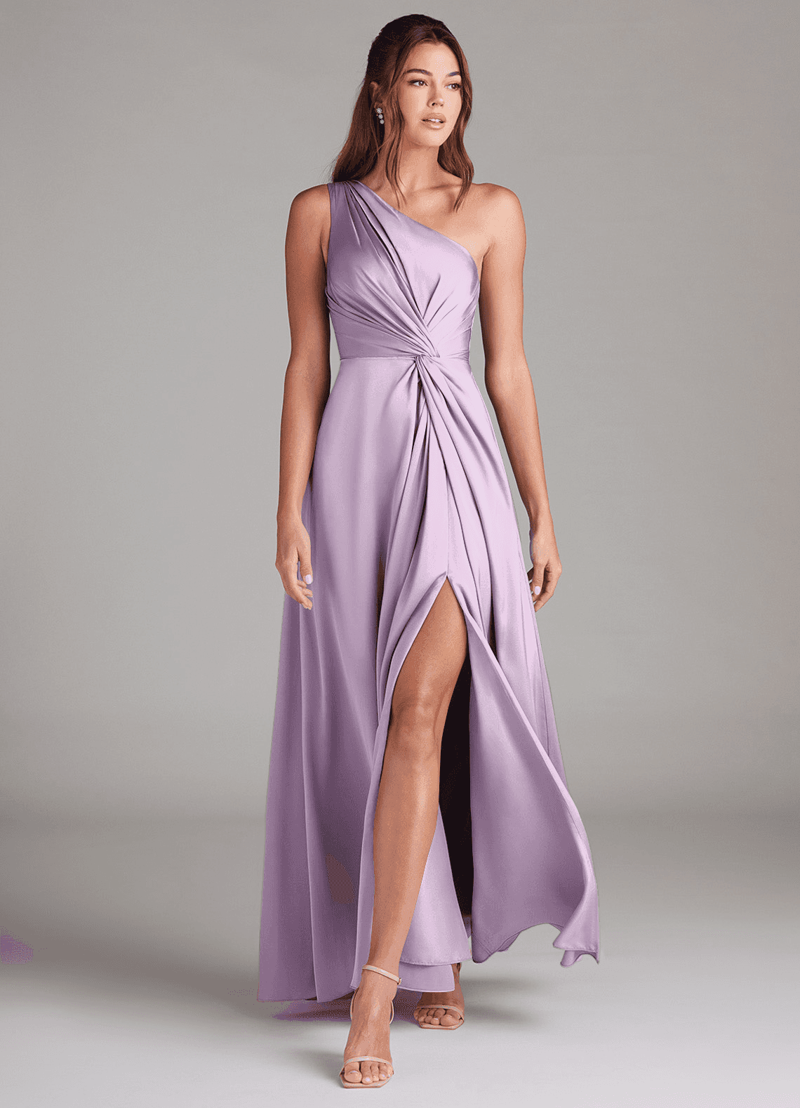 Azazie Brooke Bridesmaid Dresses Frosted Lilac A-Line One Shoulder Stretch Satin Dress image1
