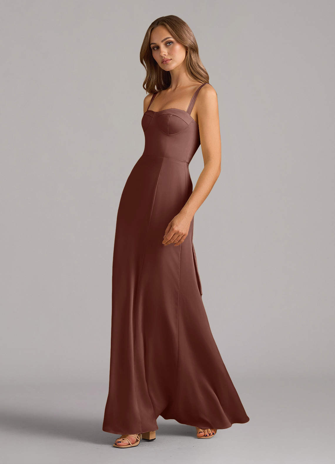 Azazie Amaris Vestidos de damas de honor Vestido de Expresado de Satén Elástico de Corte en A con Corsé image3