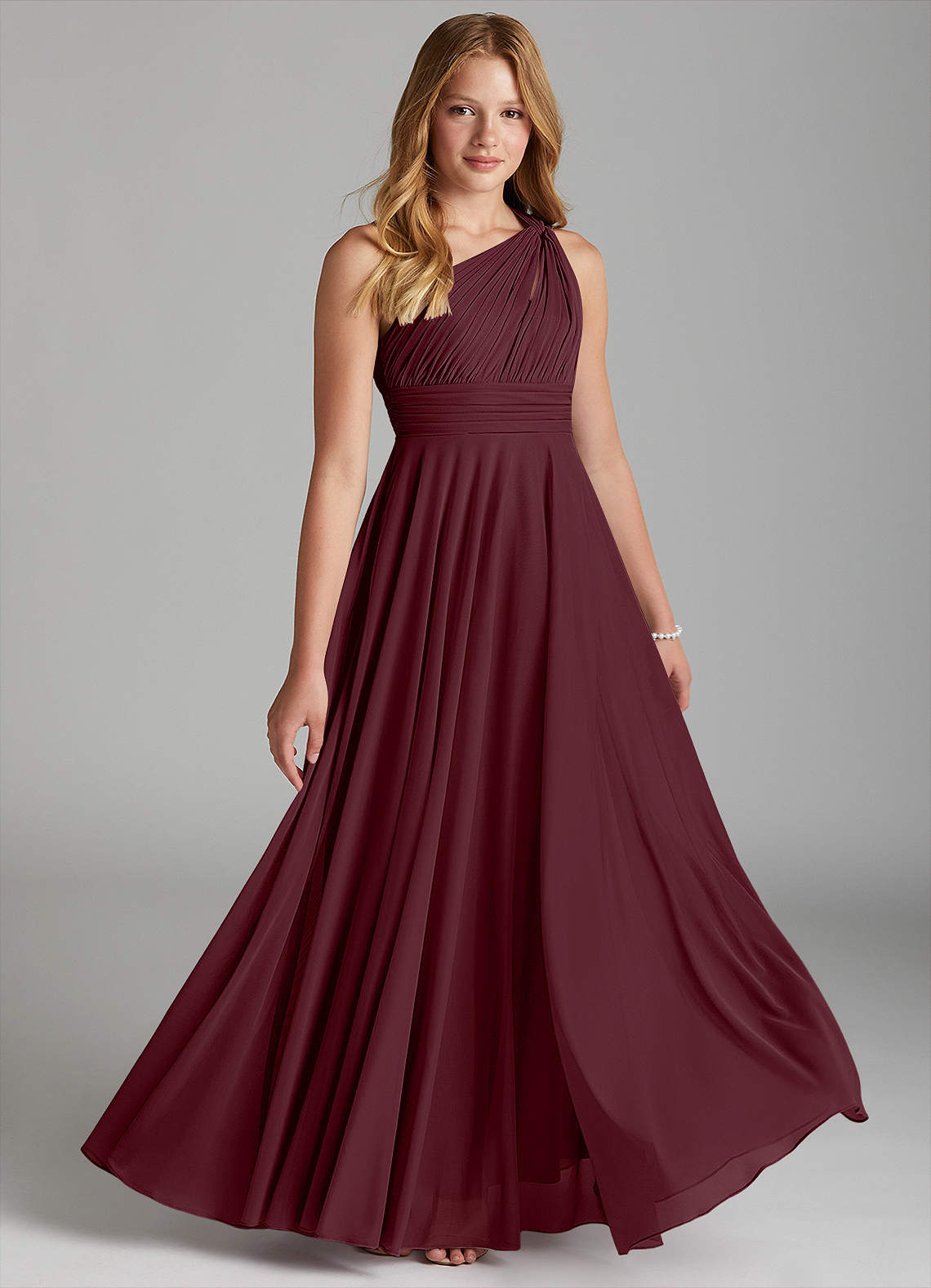 Azazie A-Line/Princess One-Shoulder Floor-Length Mesh Junior Bridesmaid Dresses - Cabernet Azazie A-Line/Princess One-Shoulder Floor-Length Mesh Junior Bridesmaid Dresses - Cabernet