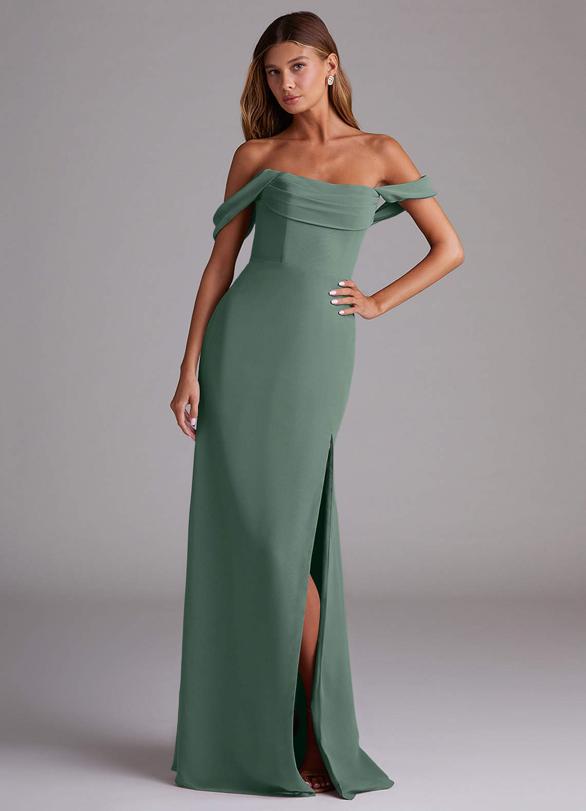 Azazie Saige Bridesmaid Dresses Eucalyptus A-Line Off the Shoulder Chiffon Convertible Dress image3