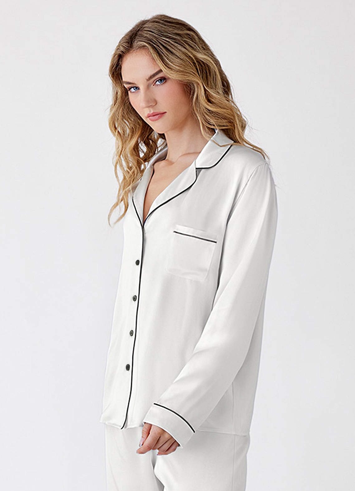 front Blusa de pijama de manga comprida 100% seda lavável