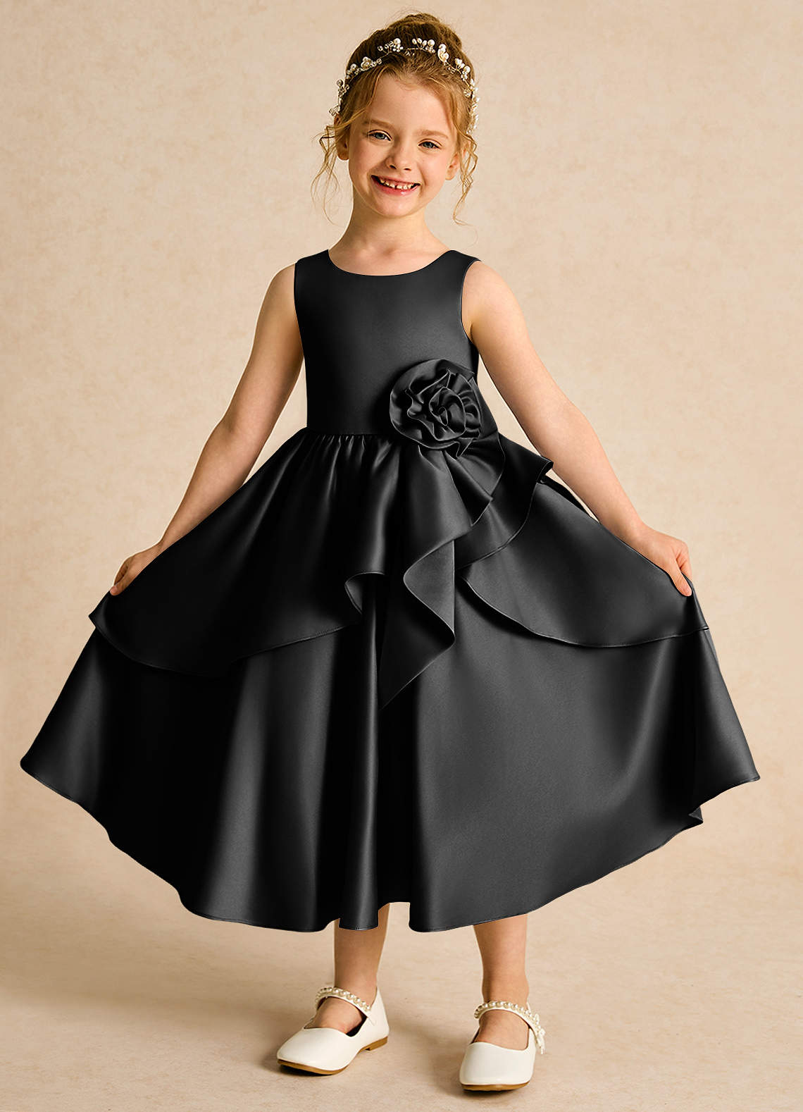 Azazie Hermia Flower Girl Dresses Black A-Line Sleeveless Matte Satin Dress image1