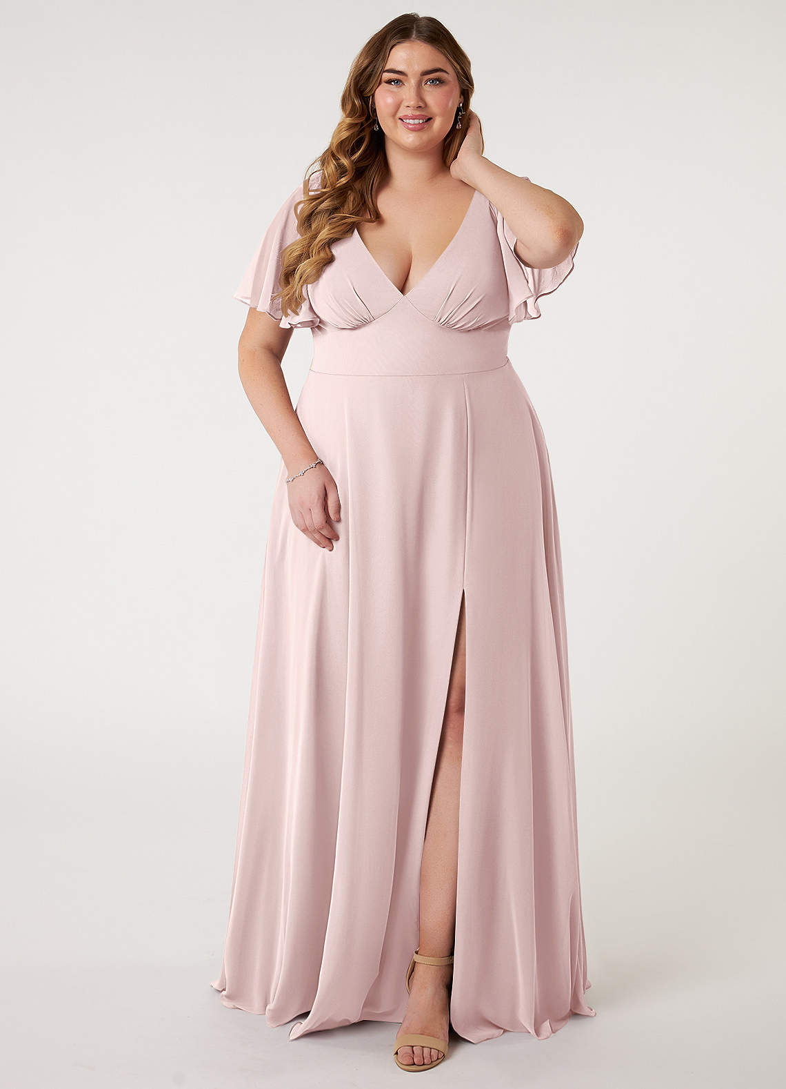 Azazie Kimber Bridesmaid Dresses Blushing Pink A-Line Flounce Sleeve Chiffon Dress image1