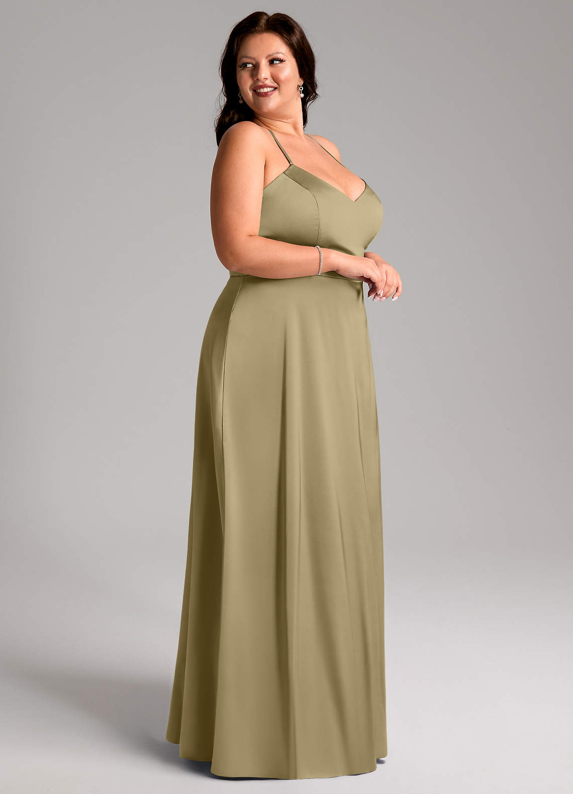 Azazie Mei Vestidos de damas de honor Vestido de Musgo Verde de Satén Elástico de Corte en A con Cuello en V image8