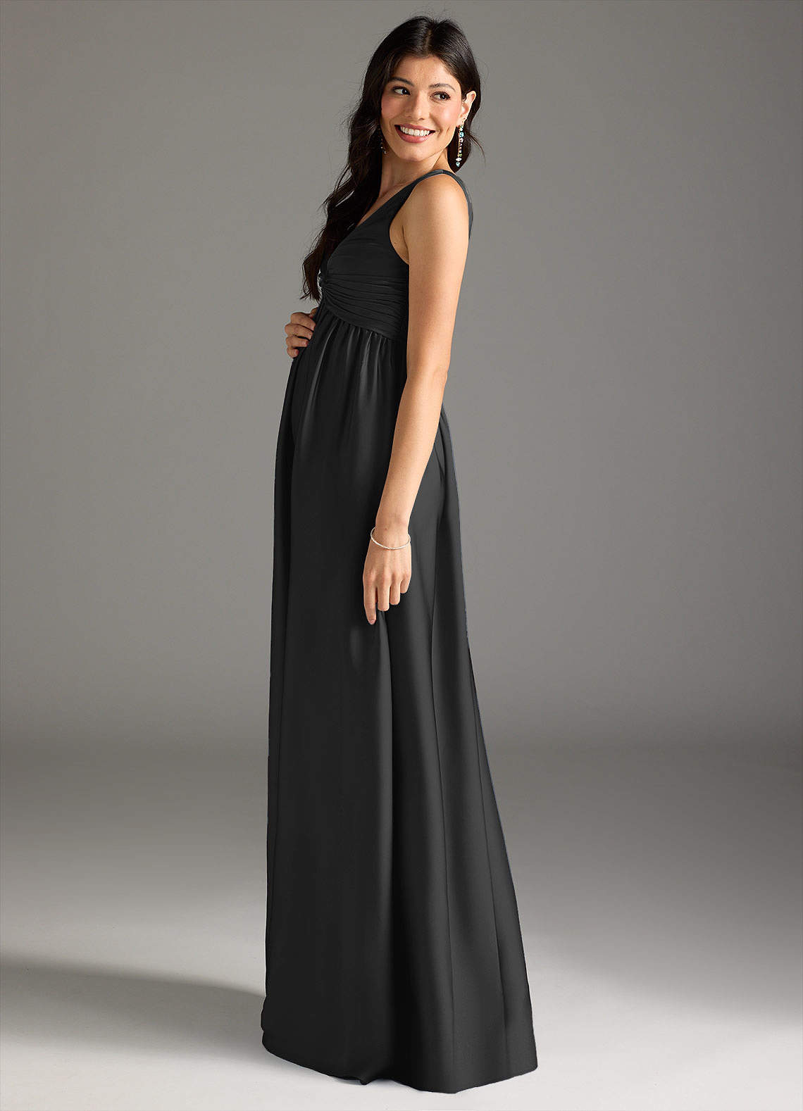 Azazie Yetta Maternity Bridesmaid Dresses A-Line Pleated Stretch Satin Floor-Length Dress image3