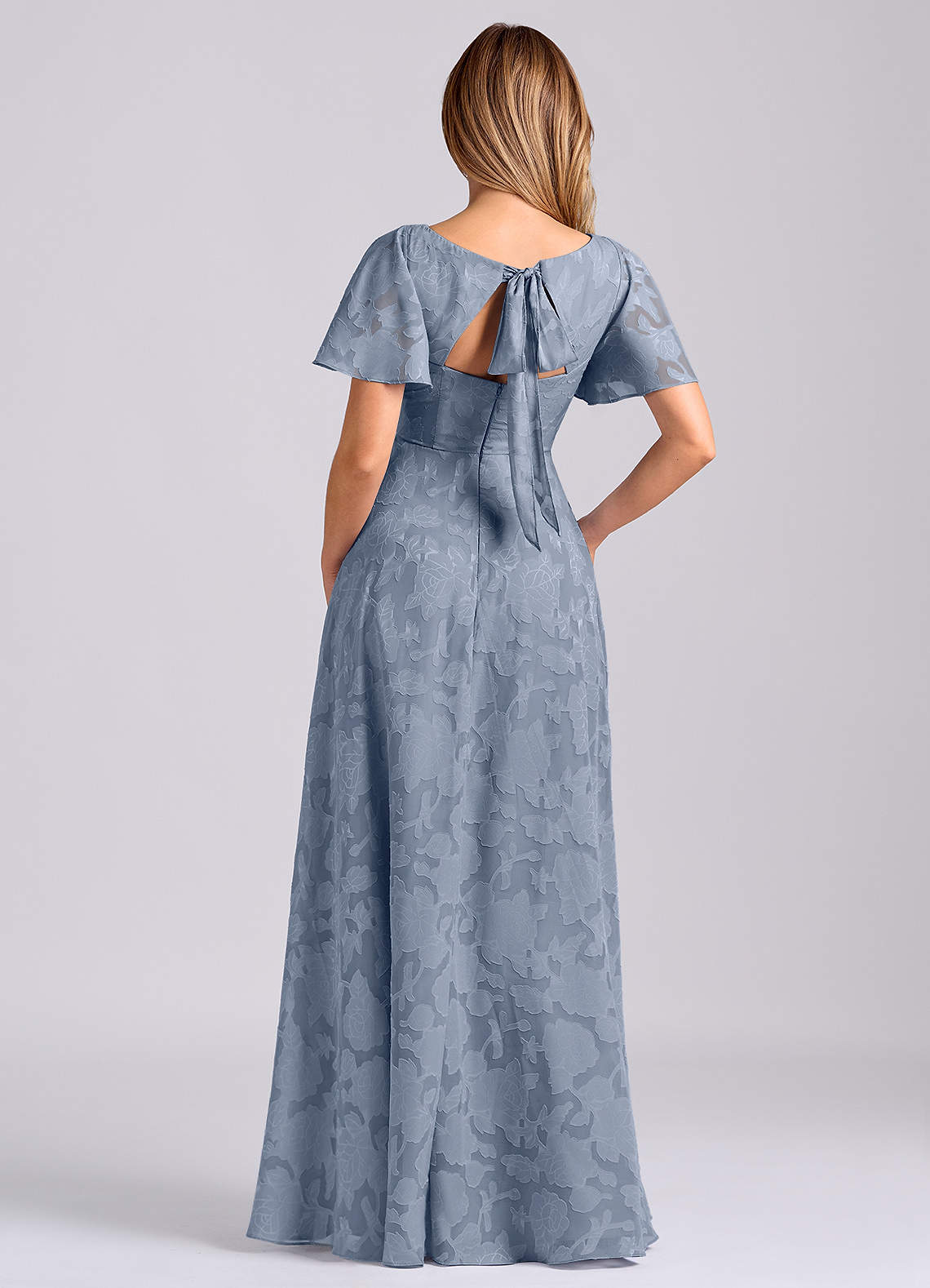 Azazie Kimber At-home Try On Dresses Dusty Blue A-Line with Pockets Floral Burnout Dress image7