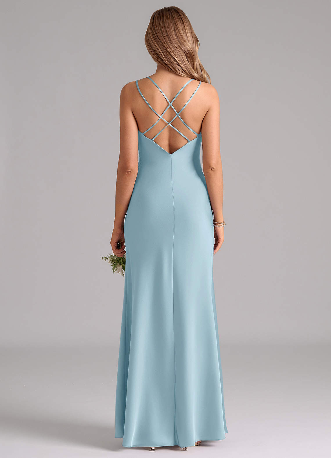 Azazie Suttona Vestidos de damas de honor Vestido de Azul Malhumorado de Satén Elástico de Corte en A con Plisado image2