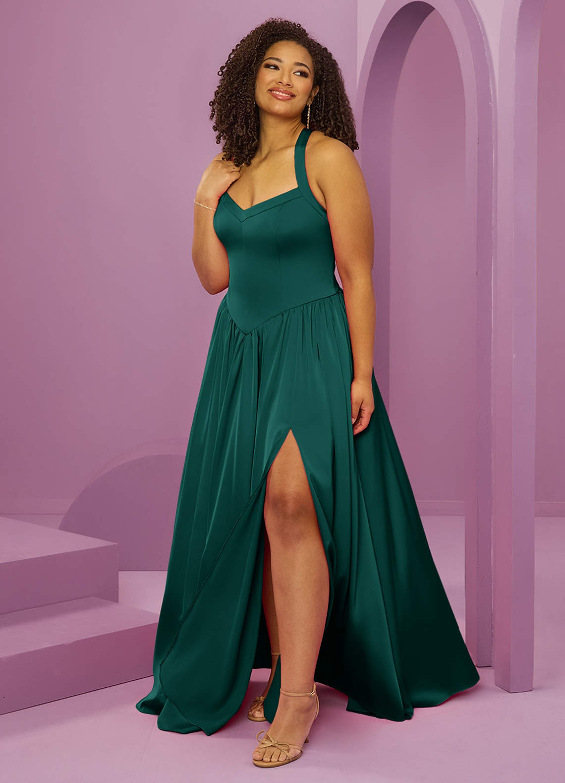 Barbie ♥ Azazie Vente Finale Robe Trapèze en Satin extensible avec poches émeraude image10