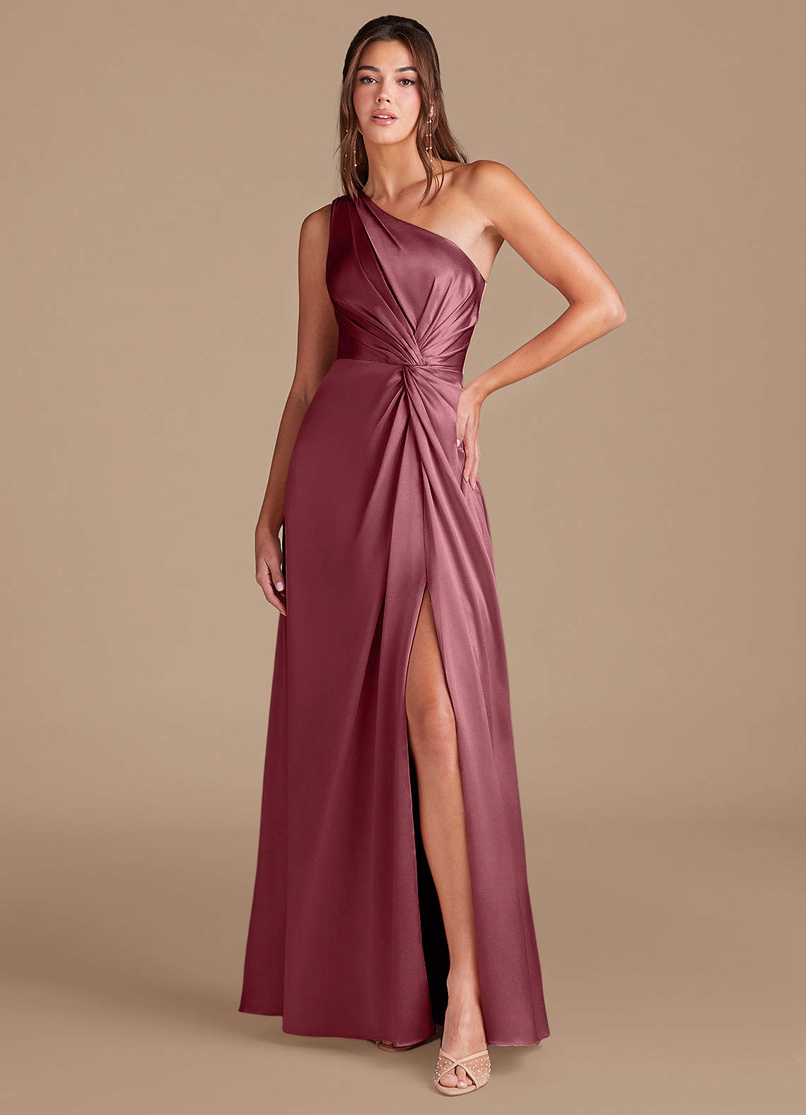 Azazie Brooke Bridesmaid Dresses Desert Rose A-Line One Shoulder Metallic Satin Dress image1