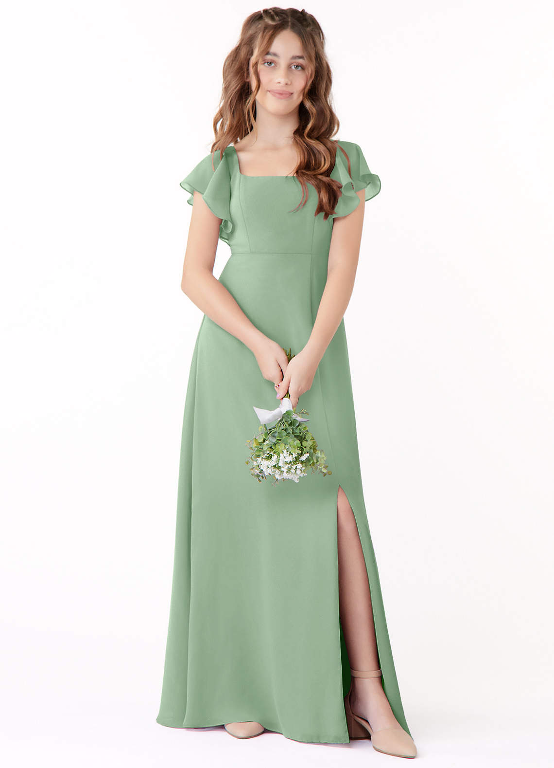 Azazie Bondi Junior Vestido de Matcha de Gasa de Corte En A con Lazo image1