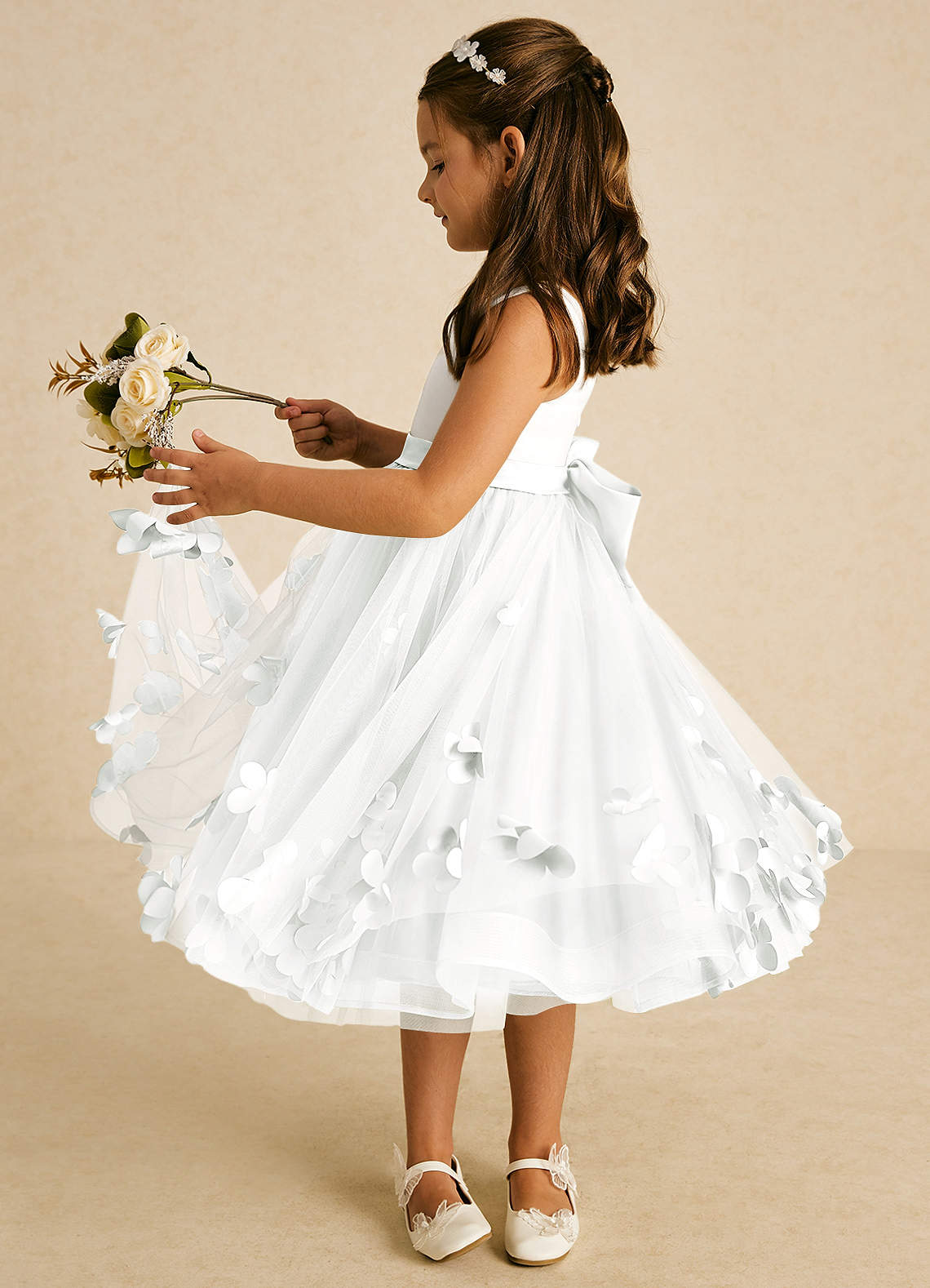 Azazie Sprout Flower Girl Dresses Ivory A-Line Bow Tulle Dress image3