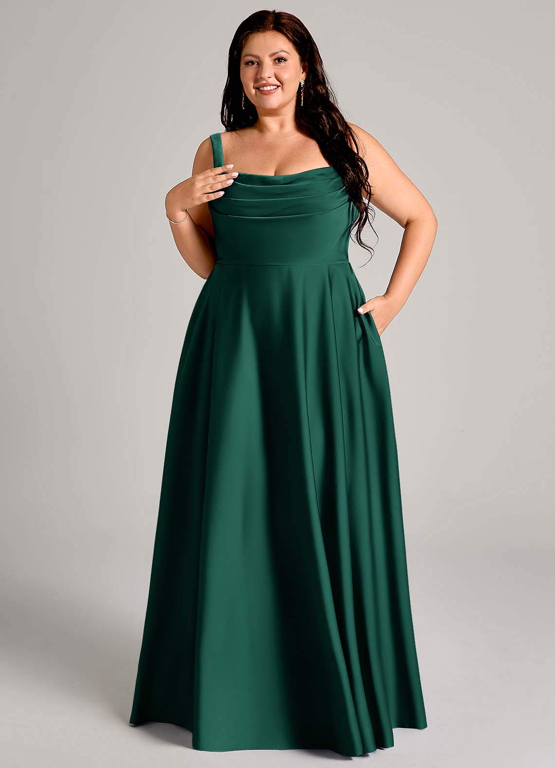 Azazie Shaude Bridesmaid Dresses Emerald A-Line Pleated Stretch Satin Dress image10