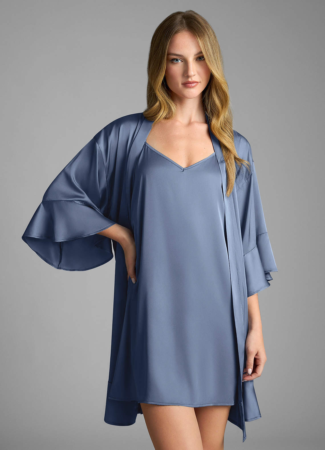 front 2-Piece Ruffle Satin Robe and Slip Set
