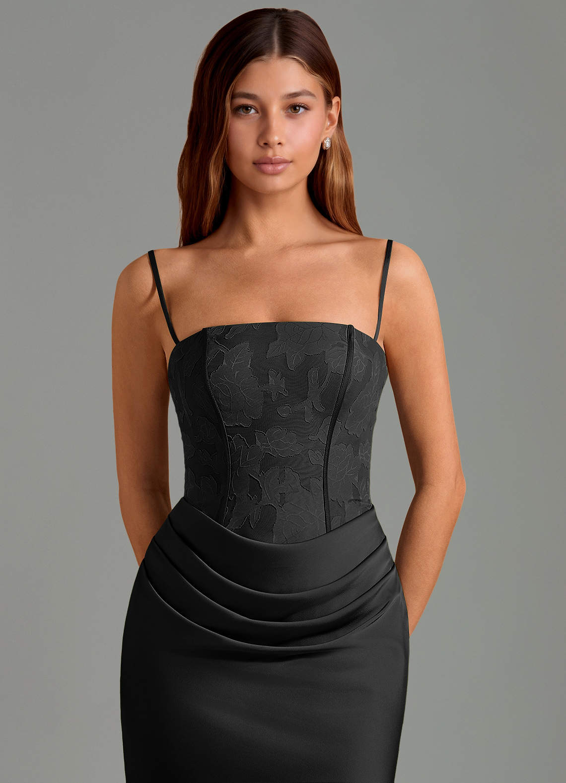 Azazie Emilia Essayer des robes à la maison Robe Sirène en Satin extensible Sans bretelles Noir image5