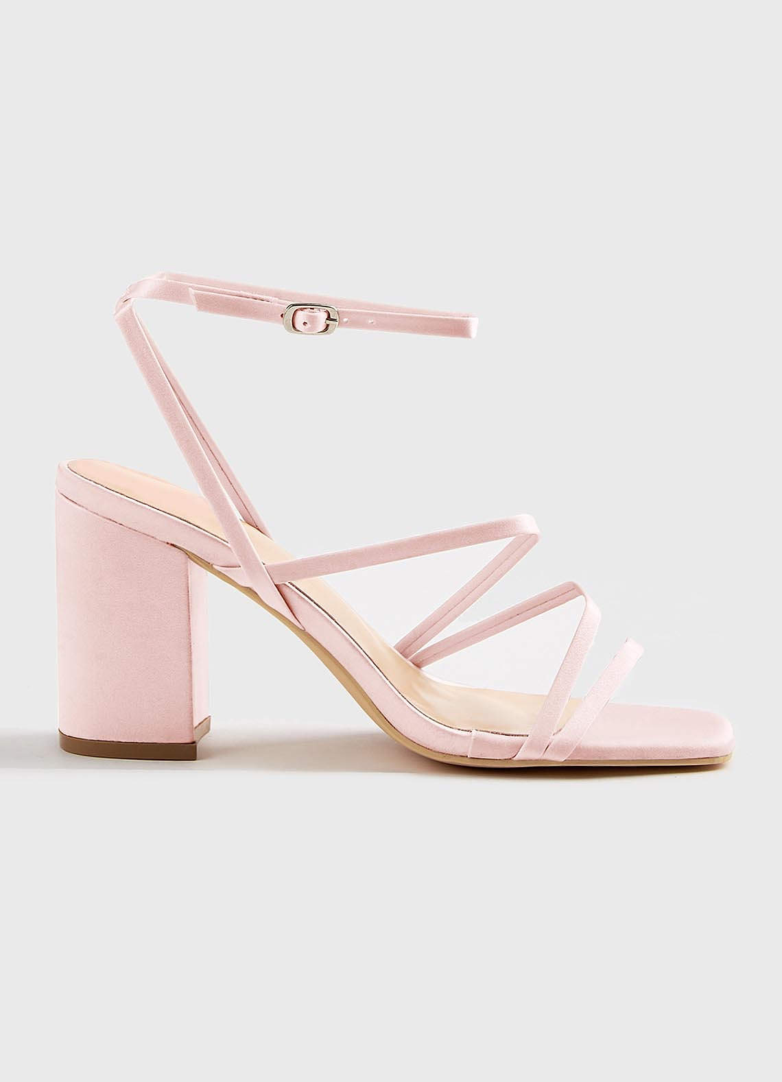 front Matching Color Matte Satin Ankle Strap Block Heel Sandals