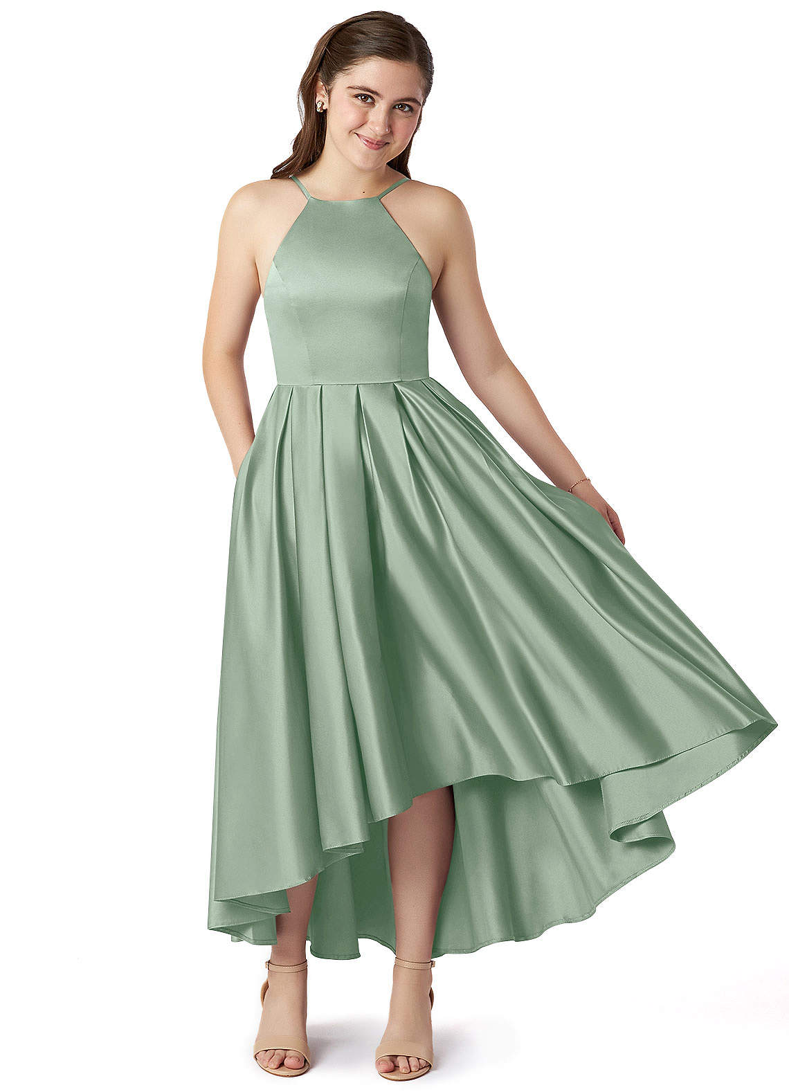 Azazie Jemima Junior Vestido de Agave de Satén Elástico de Corte En A con Con bolsillos image1