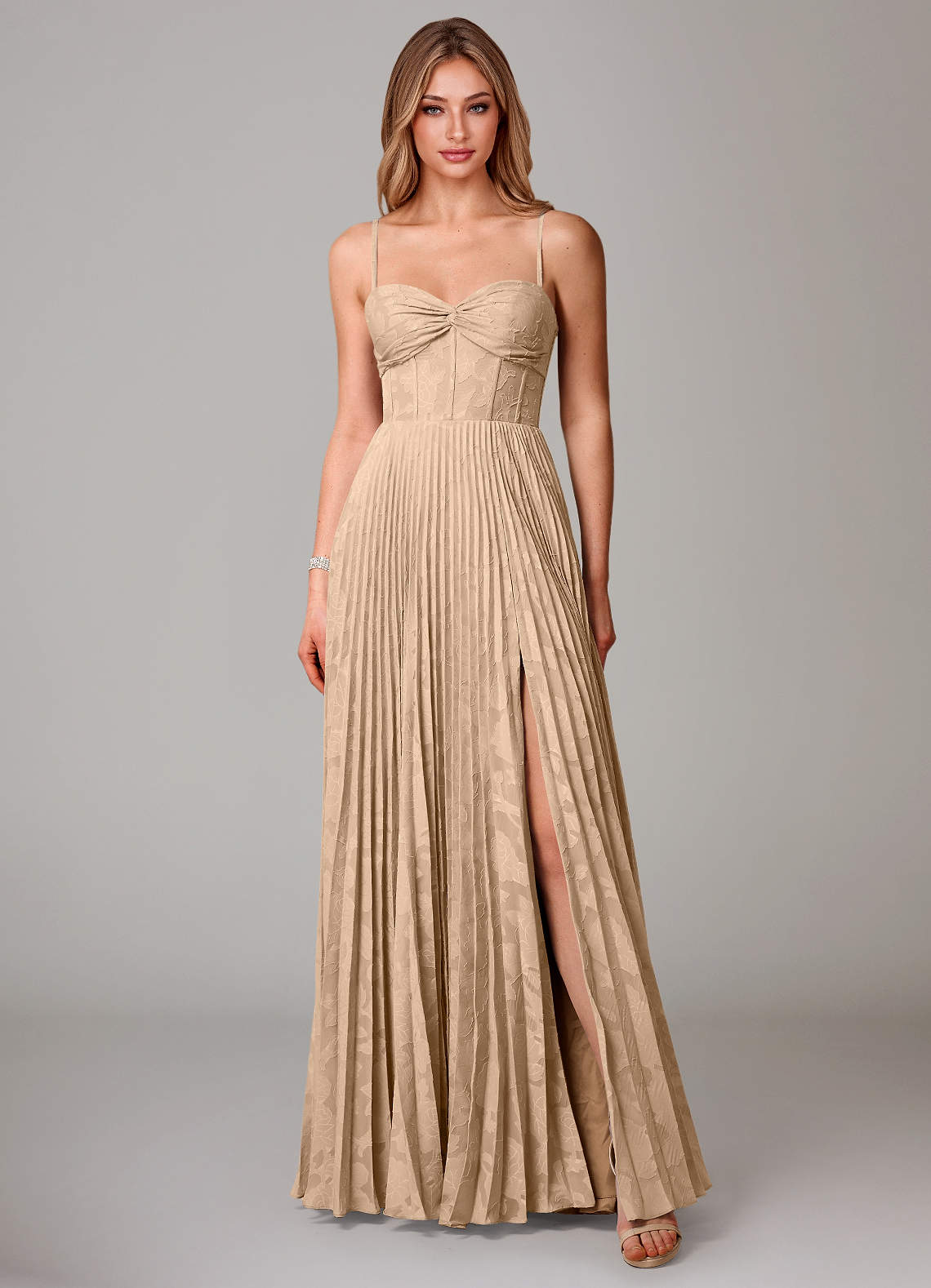 Azazie Akiko Bridesmaid Dresses Champagne A-Line Sweetheart Neckline Floral Burnout Dress image1