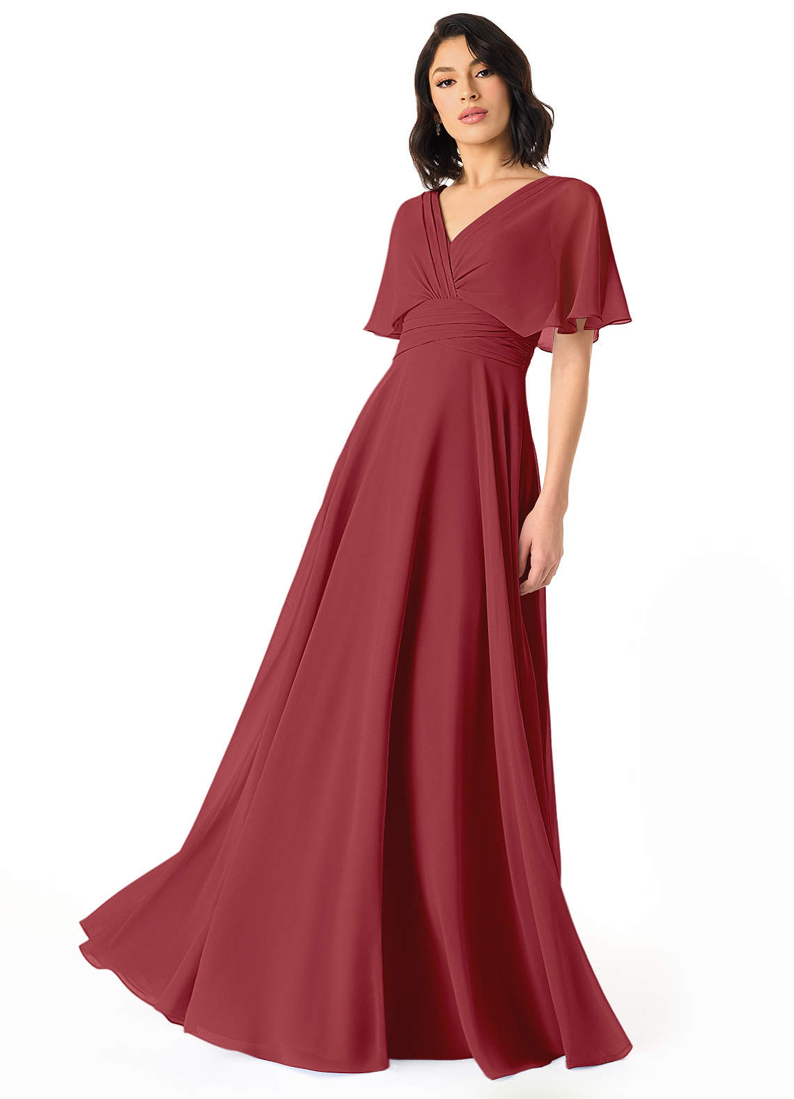 Azazie Pamela Brautjungfernkleider A-Linie V-Hals Gefaltet Chiffon Kleid Granatapfelrot image1