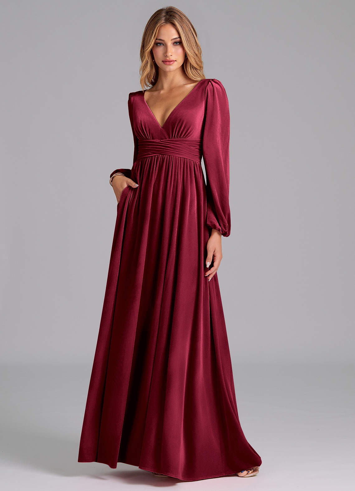 Azazie Norah Bridesmaid Dresses Burgundy A-Line Long Sleeve Velvet Dress image1