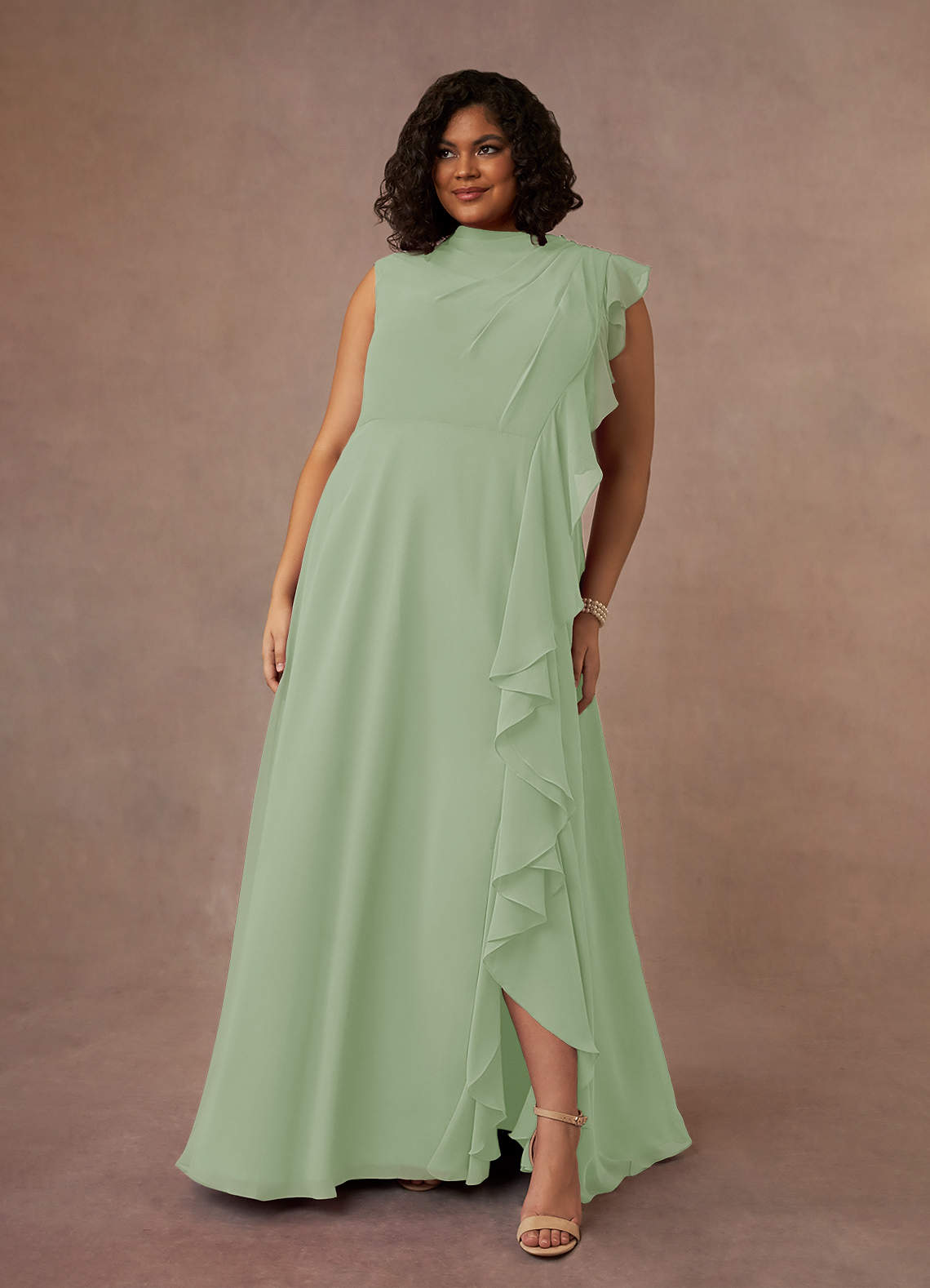 Azazie Narine Mother of the Bride Dresses Dusty Sage A-Line High Neckline Pleated Chiffon Dress image1