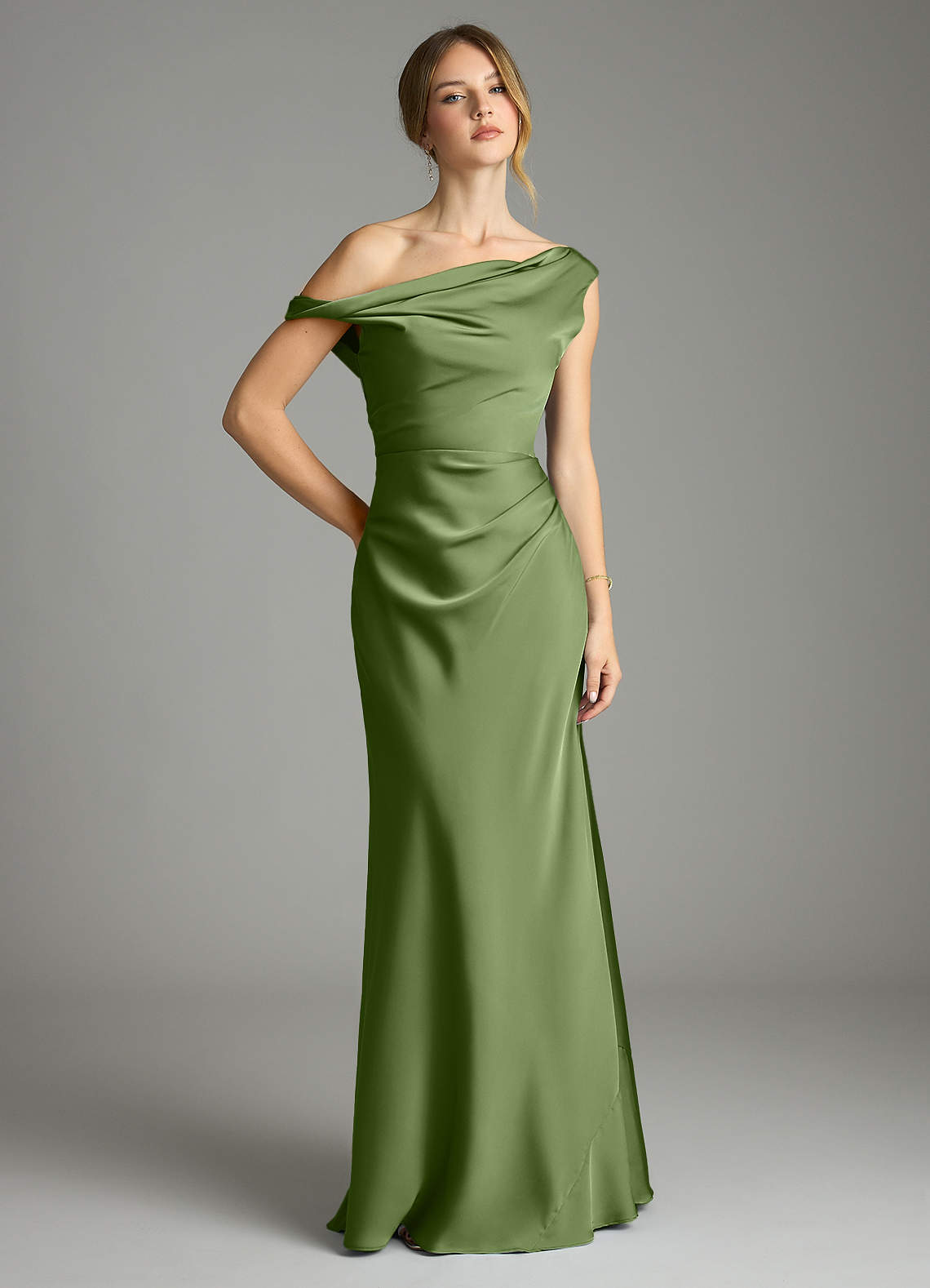 Azazie Emerson Bridesmaid Dresses Juniper Mermaid Off the Shoulder Stretch Satin Dress image1