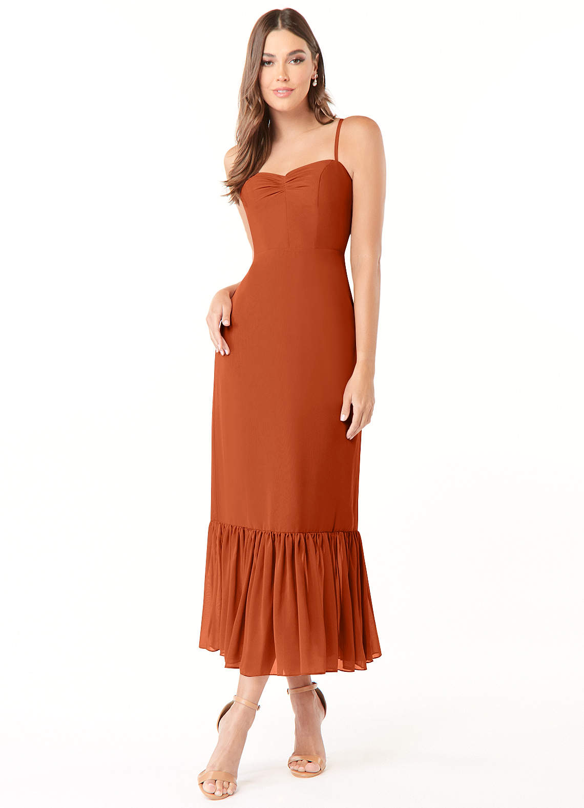 Azazie Justina Brautjungfernkleider A-Linie Herzausschnitt Chiffon Kleid Gebranntes Orange image1