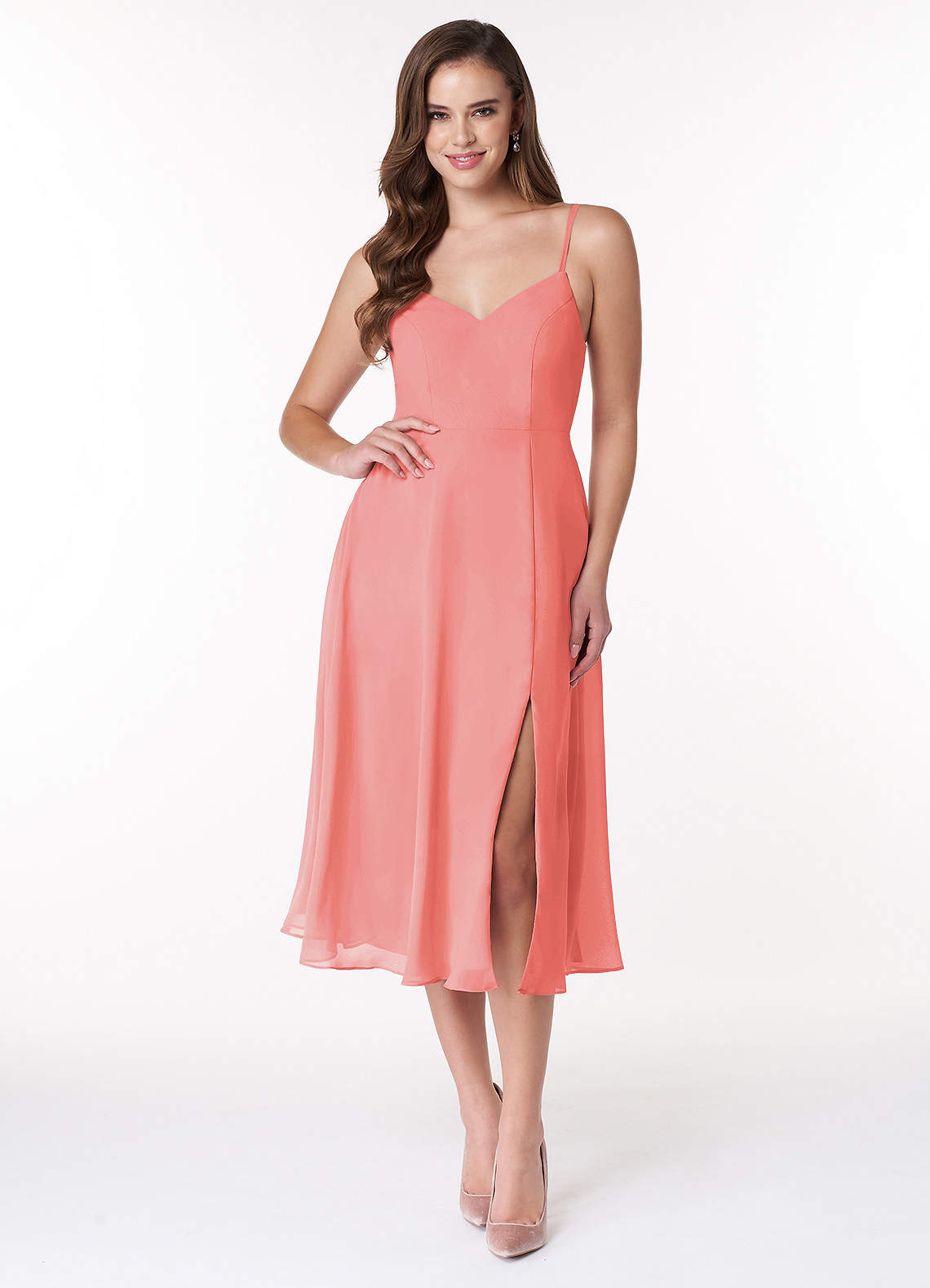 Azazie Clarissa Bridesmaid Dresses Coral A-Line V-Neck Chiffon Dress image1