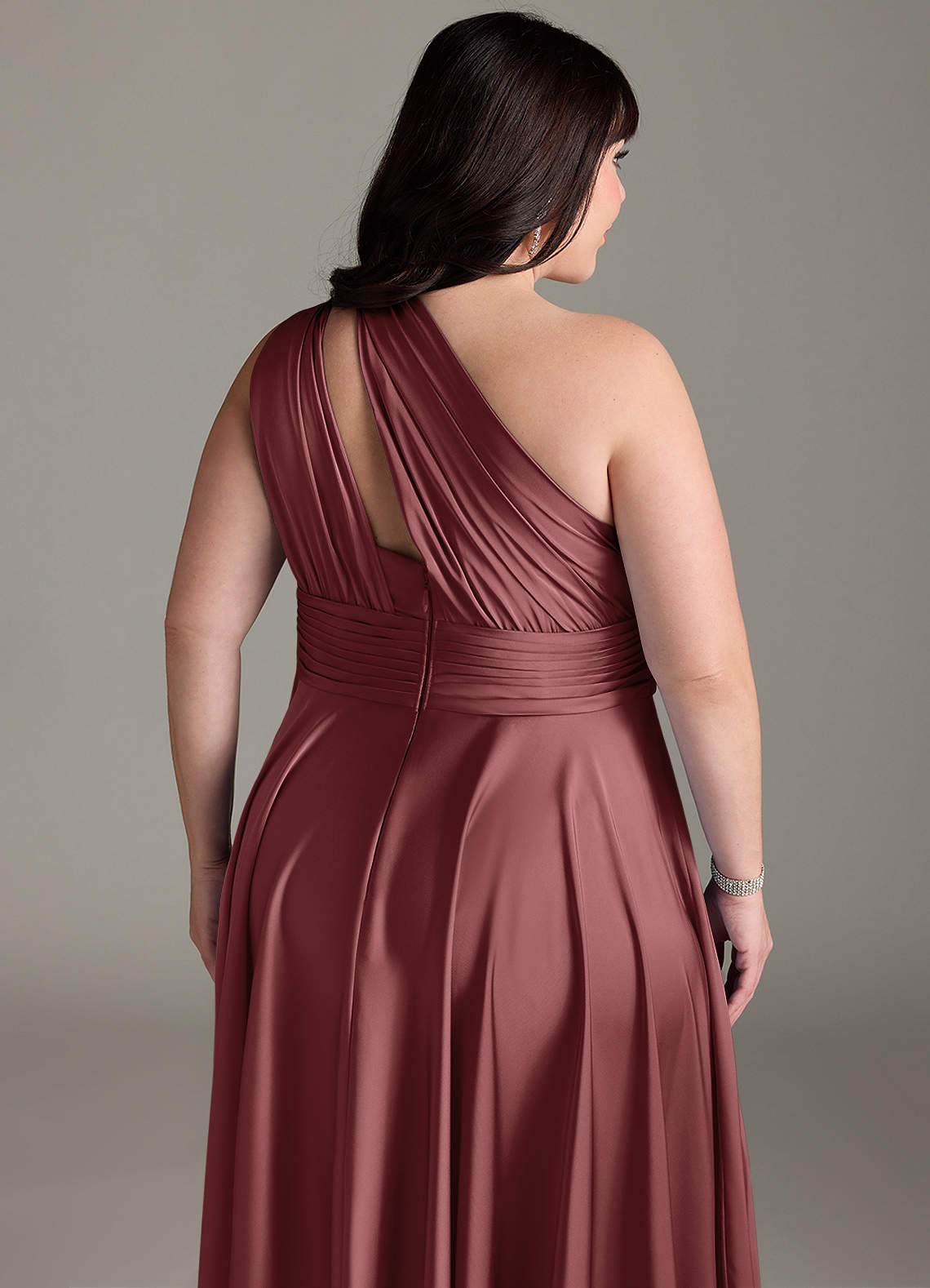 Azazie Charlize Bridesmaid Dresses Amethyst A-Line One Shoulder Stretch Satin Dress image15