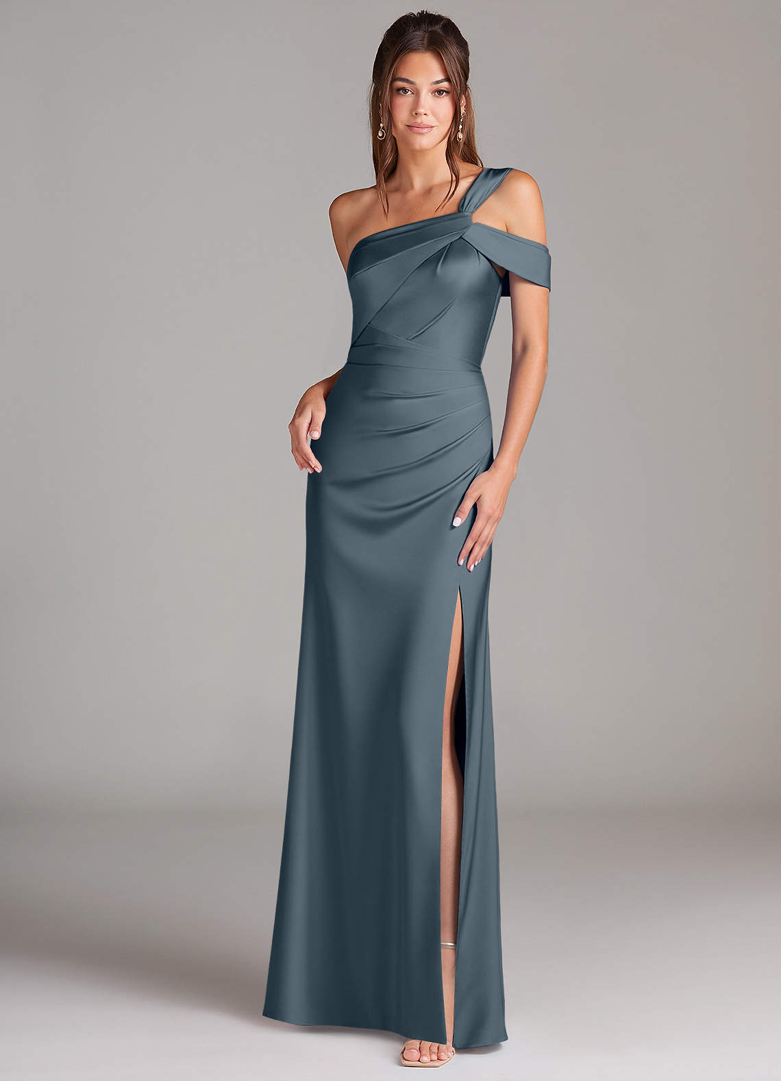 Azazie Wynter Bridesmaid Dresses Twilight Sheath Off the Shoulder Stretch Satin Dress image1