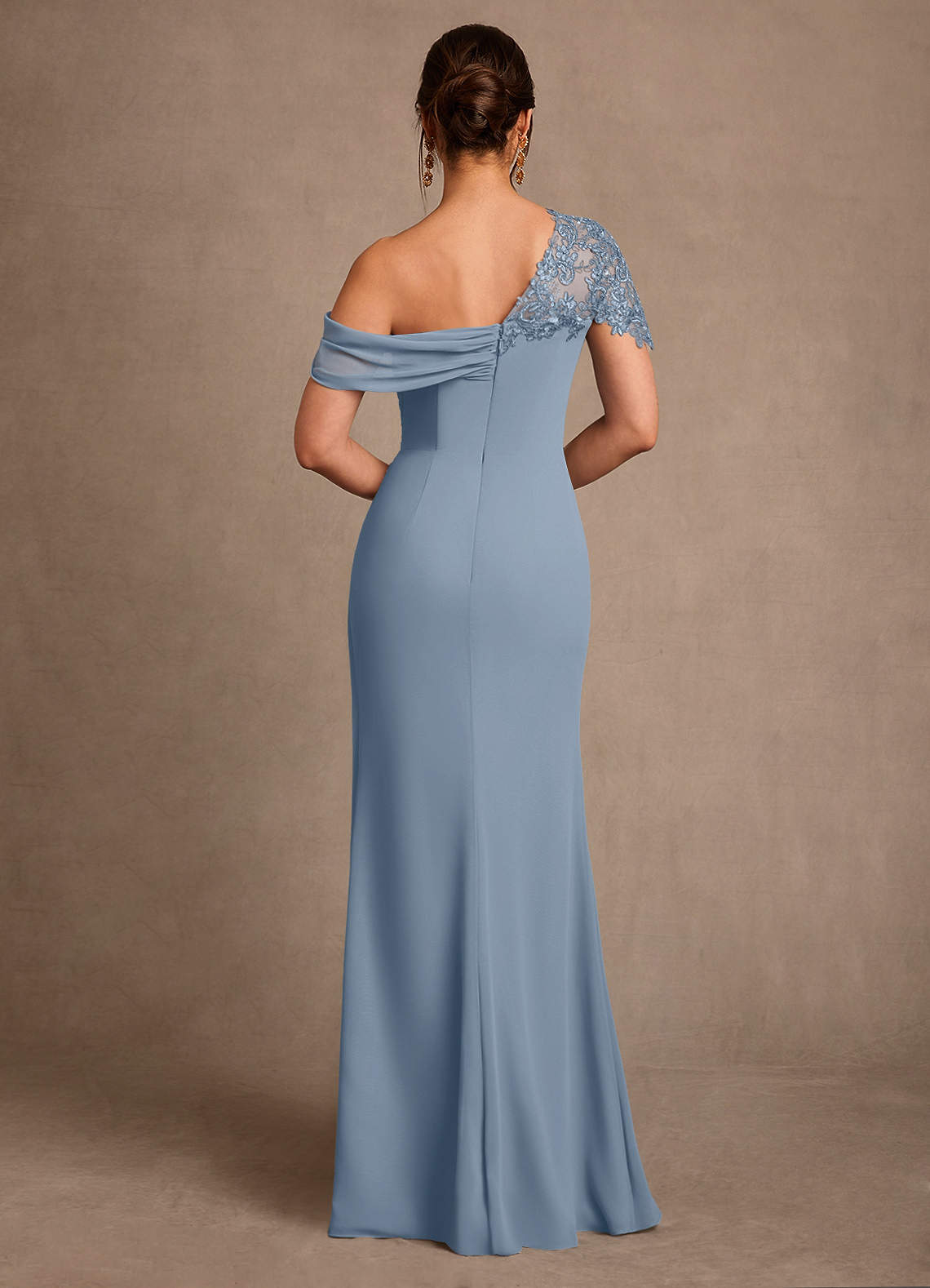 Azazie Sally Dusty Blue Sheath Lace Chiffon Dress Ready to Ship