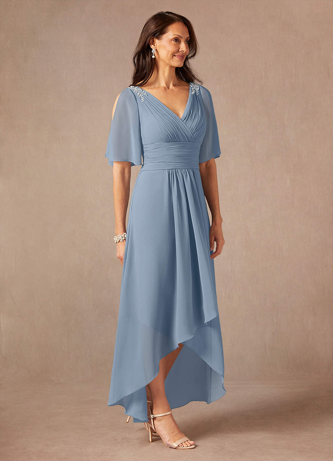 Azazie Pascual Mother of the Bride Dresses Dusty Blue A-Line Pleated Chiffon Dress image4