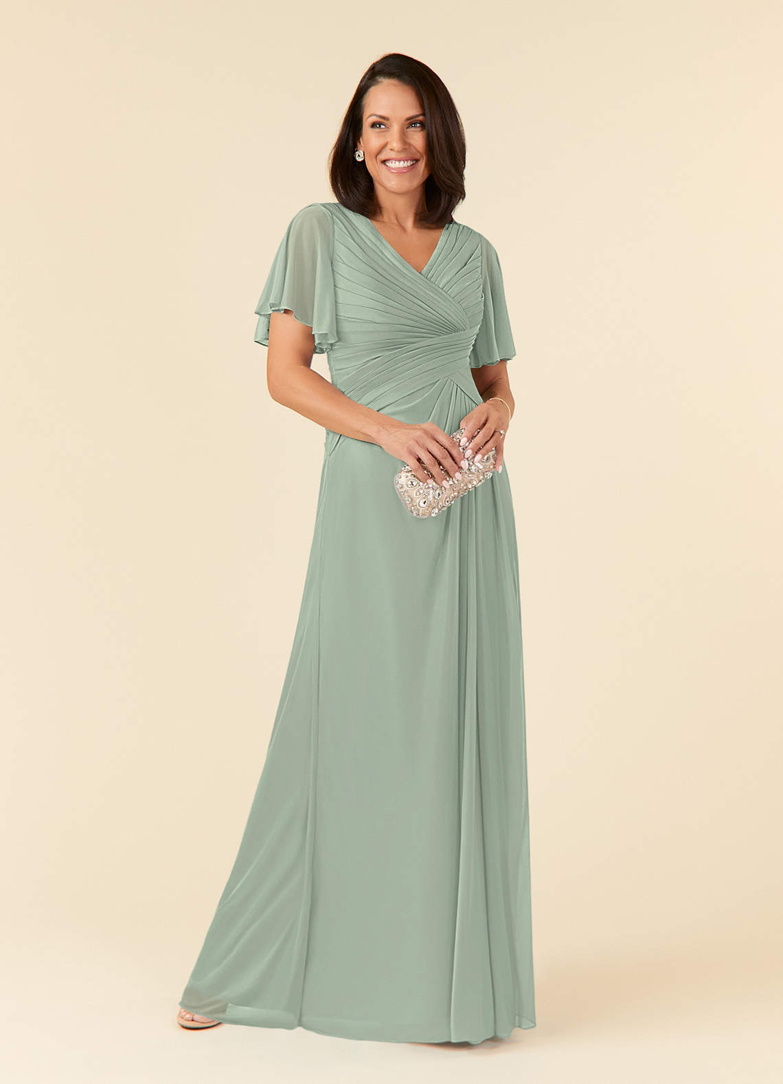 Azazie Emmeline Mother of the Bride Dresses Dusty Sage A-Line V-Neck Pleated Mesh Dress image1