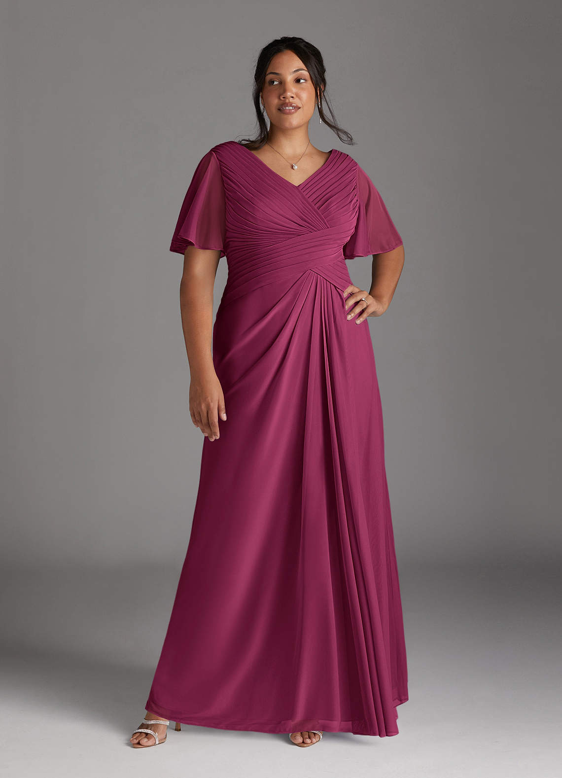 Azazie Emmeline Mother of the Bride Dresses Mulberry A-Line V-Neck Pleated Mesh Dress image8