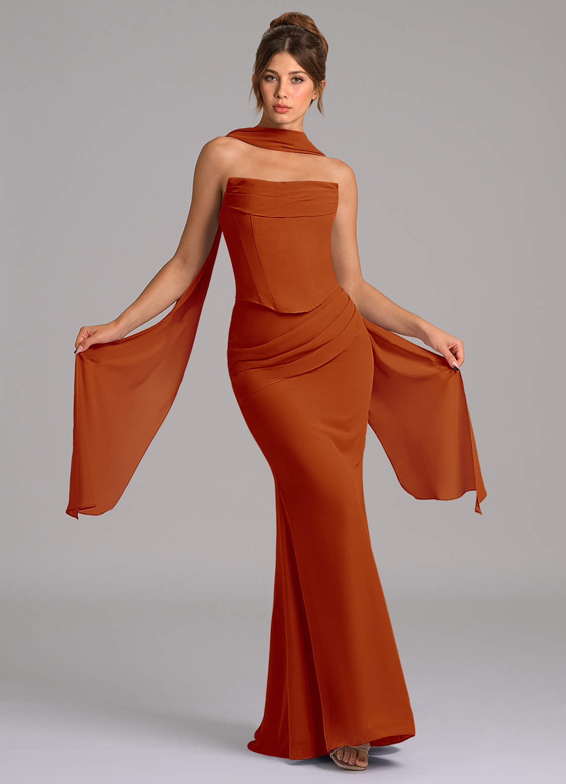 Azazie Sorrel Robes de demoiselle d'honneur Robe Sirène en Mousseline de soie Corset Paprika image1