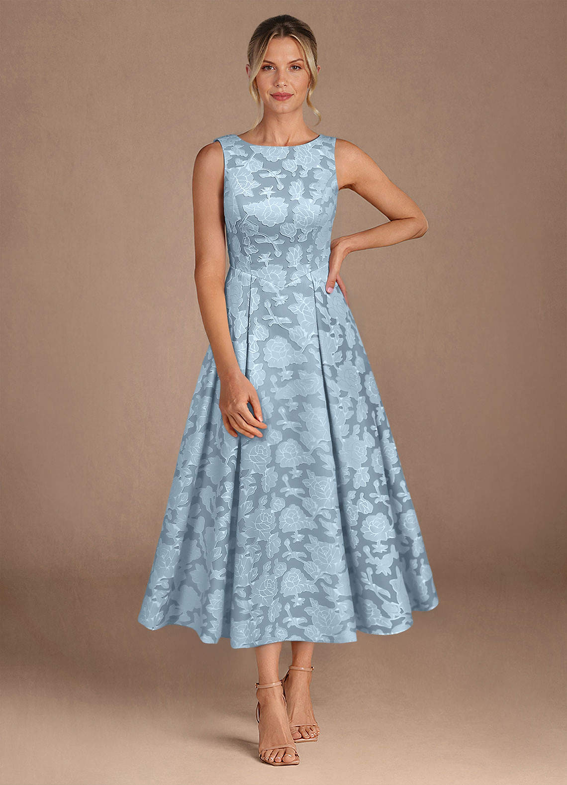 Azazie Fulton vestidos de madre de la novia Vestido de Azul Cielo de Devorado Floral de Corte En A con Plisado image3