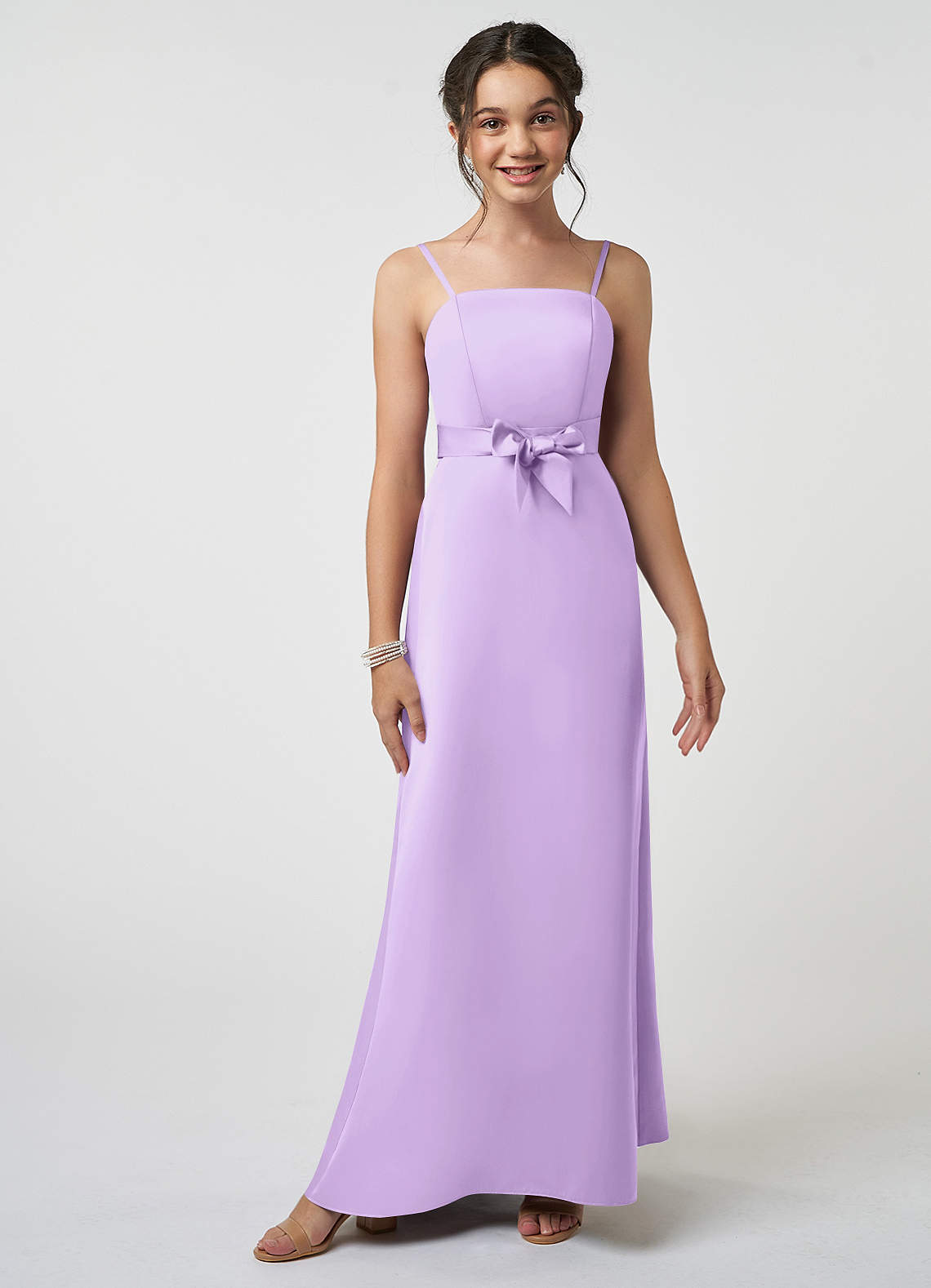 Azazie Anina Junior Lilac A-Line Bow Stretch Satin Dress image1