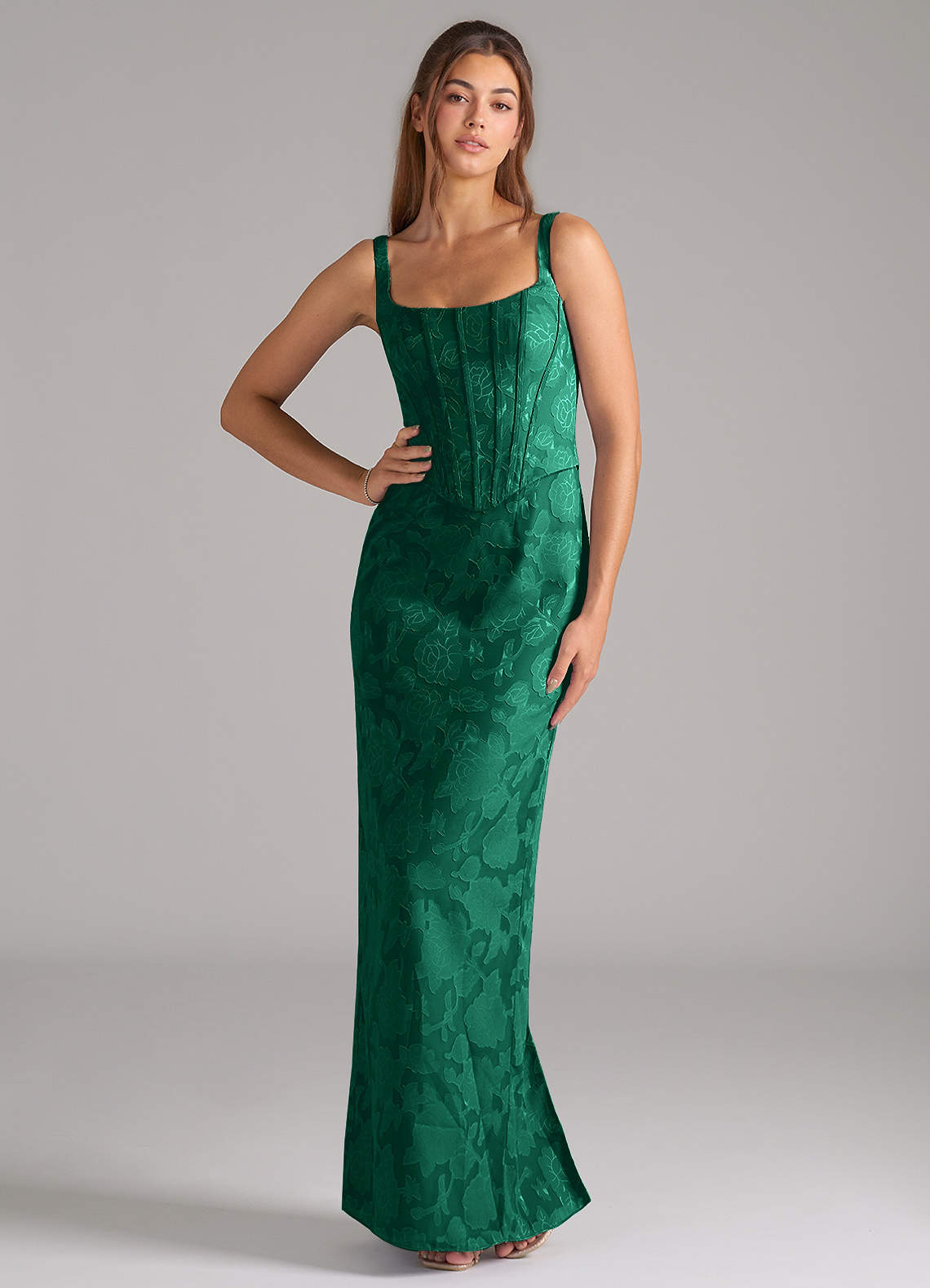 Azazie Kenna Bridesmaid Dresses Emerald Sheath Side Slit Floral Burnout Dress image1