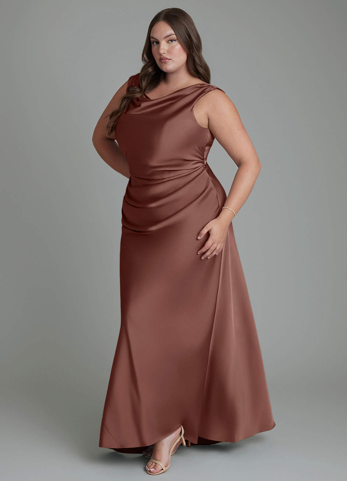 Azazie Kieryn Bridesmaid Dresses Espresso Mermaid Pleated Stretch Satin Dress image10