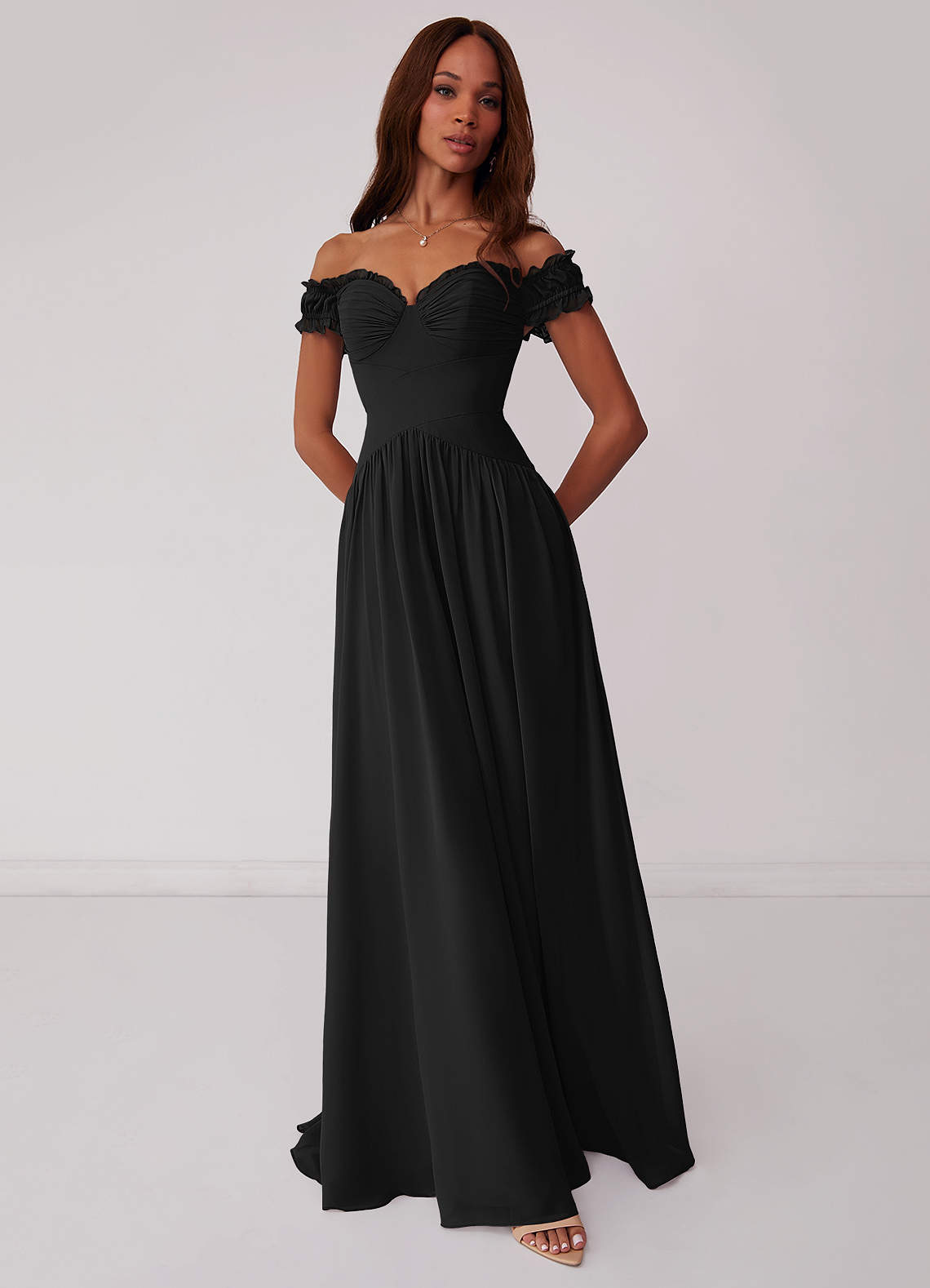 Barbie ♥ Azazie Bridesmaid Dresses Black A-Line Off the Shoulder Chiffon Convertible Dress image1