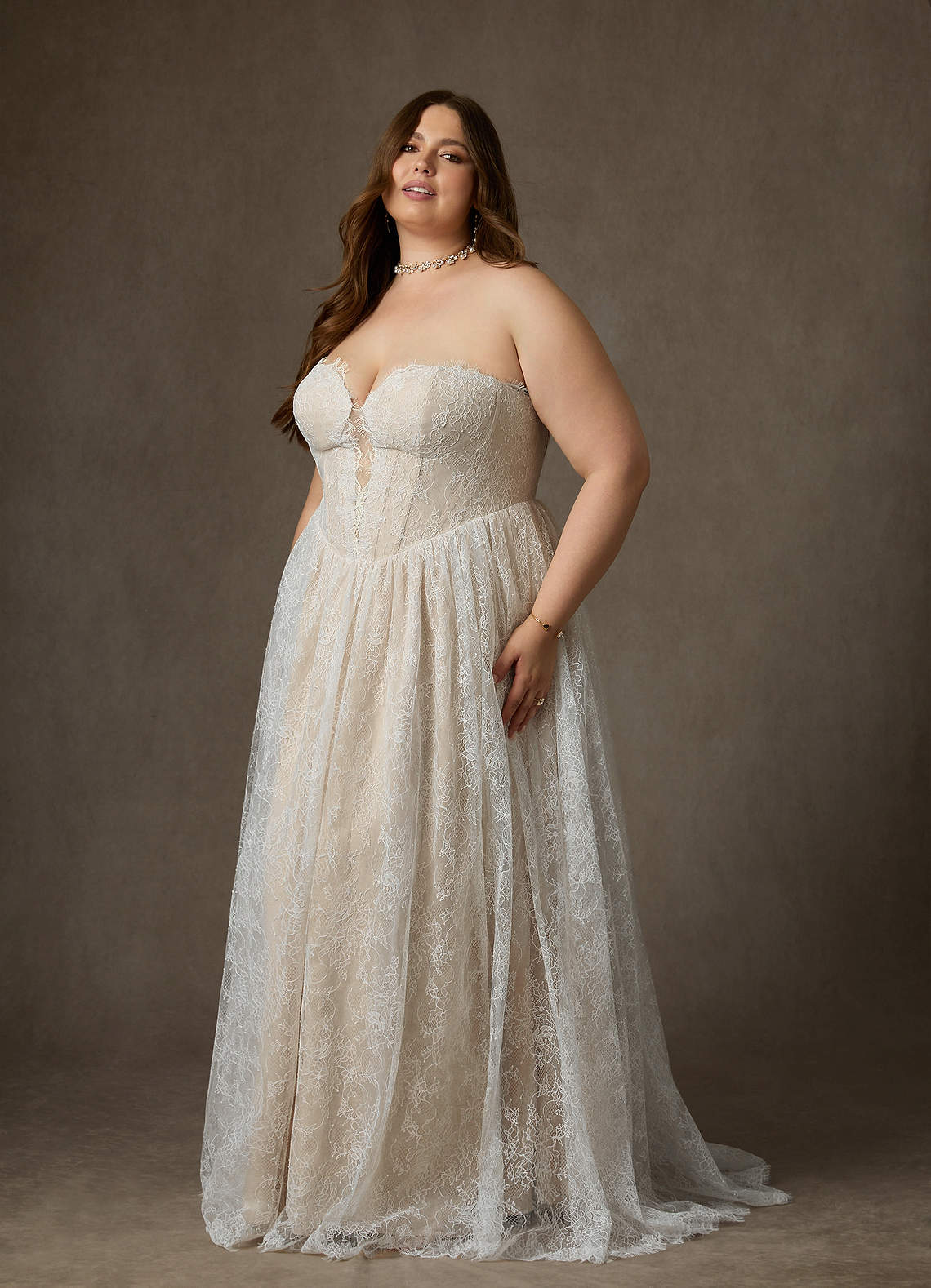Azazie Lorena Diamond White Nude A-Line Strapless Lace Dress | Azazie