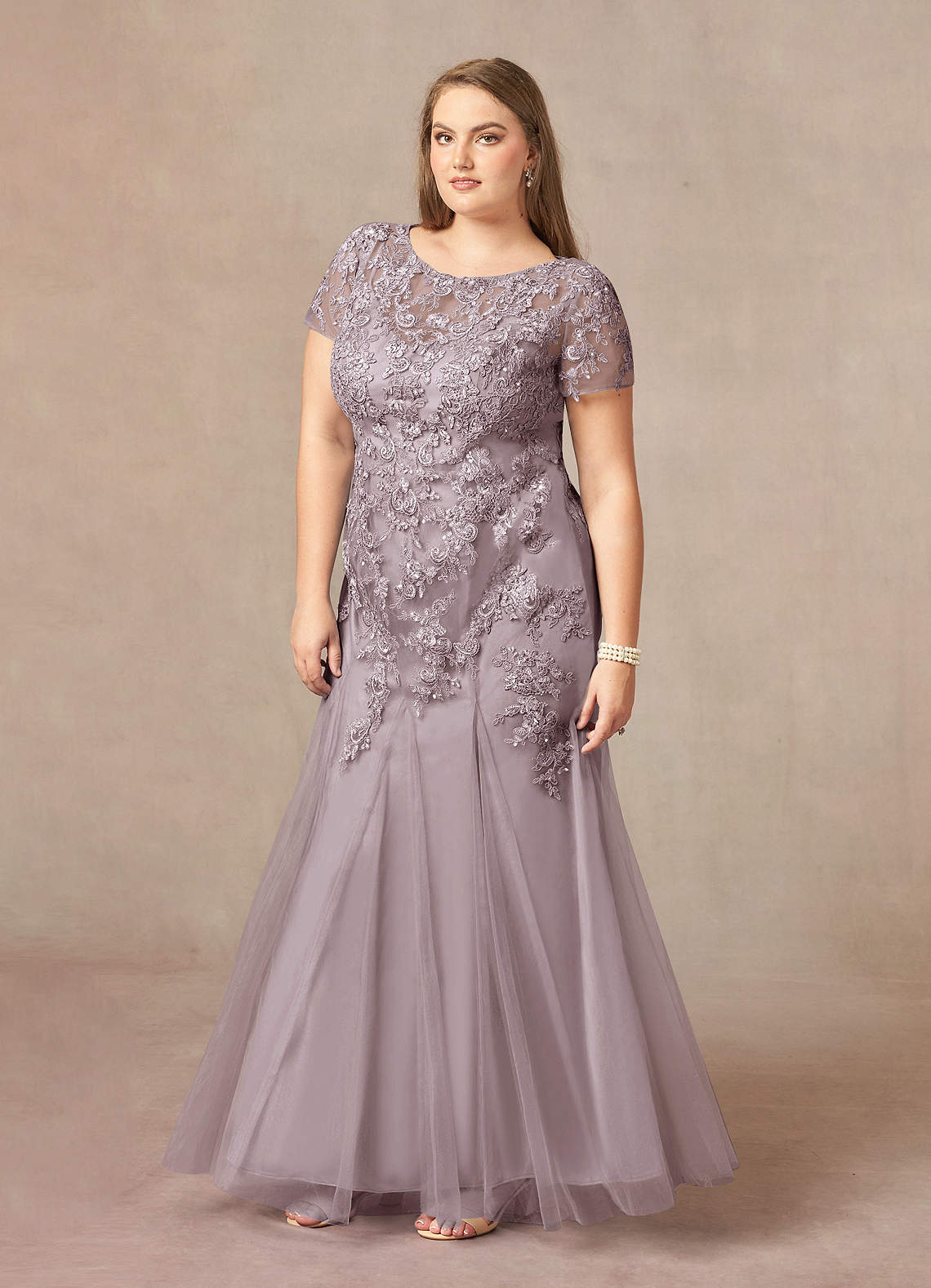 Azazie Laurie Venta Final Vestido de Taupe de Tul de Corte Sirena con Scoop Lentejuelas image8