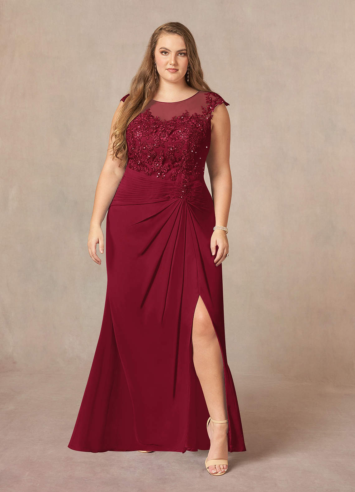 Azazie Libby At-home Try On Dresses Burgundy A-Line Scoop Sequins Chiffon Dress image6