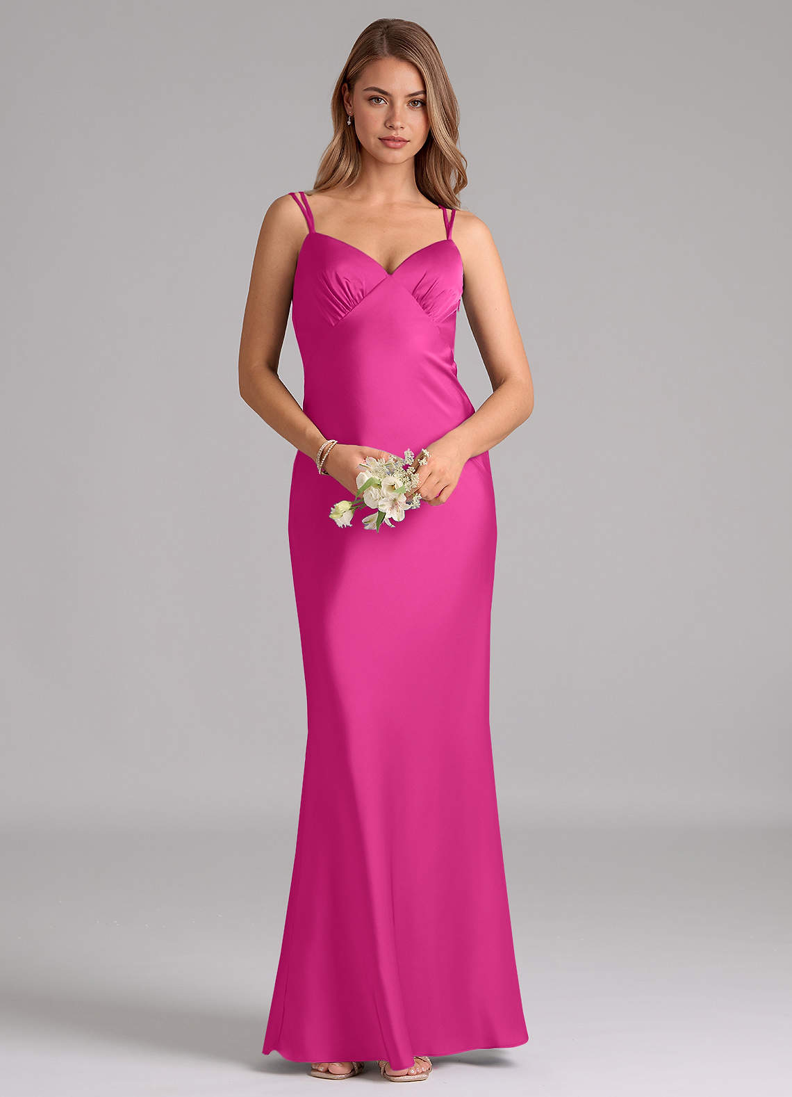 Azazie Suttona Vestidos de damas de honor Vestido de Fucsia de Satén Elástico de Corte en A con Plisado image5