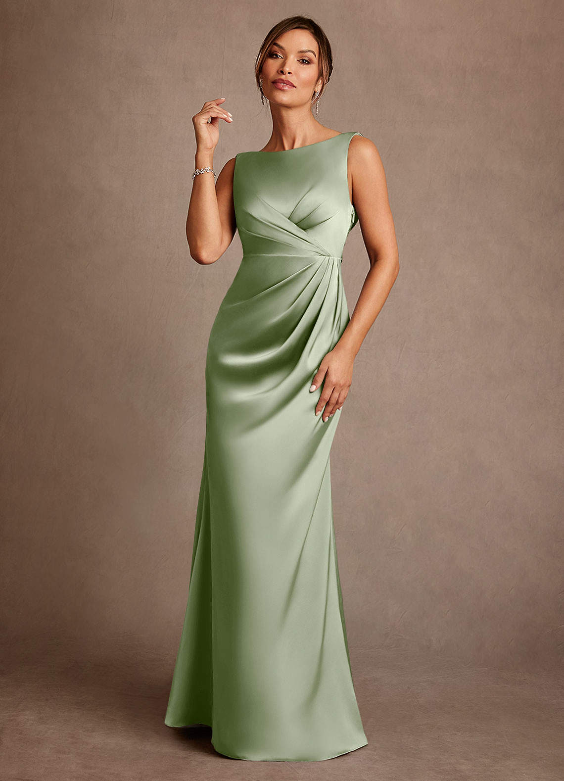 Azazie Baltimore Mother of the Bride Dresses Dusty Sage A-Line Pleated Stretch Satin Dress image1