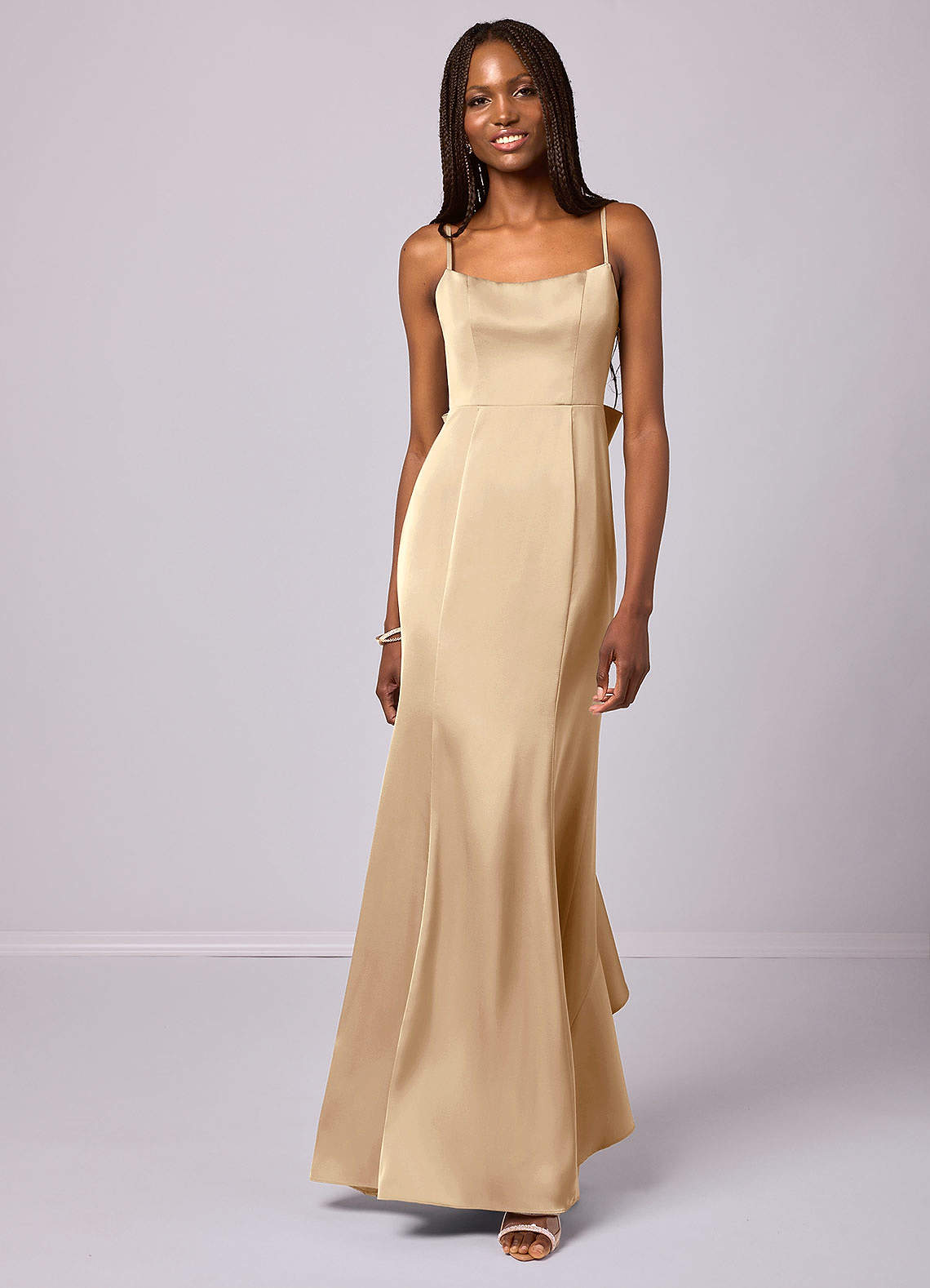 Barbie ♥ Azazie Bridesmaid Dresses Champagne Mermaid Bow Stretch Satin Dress image3