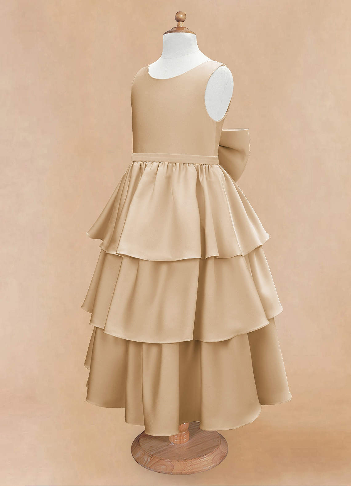 Azazie Margie Flower Girl Dresses Champagne A-Line Bow Stretch Satin Dress image4